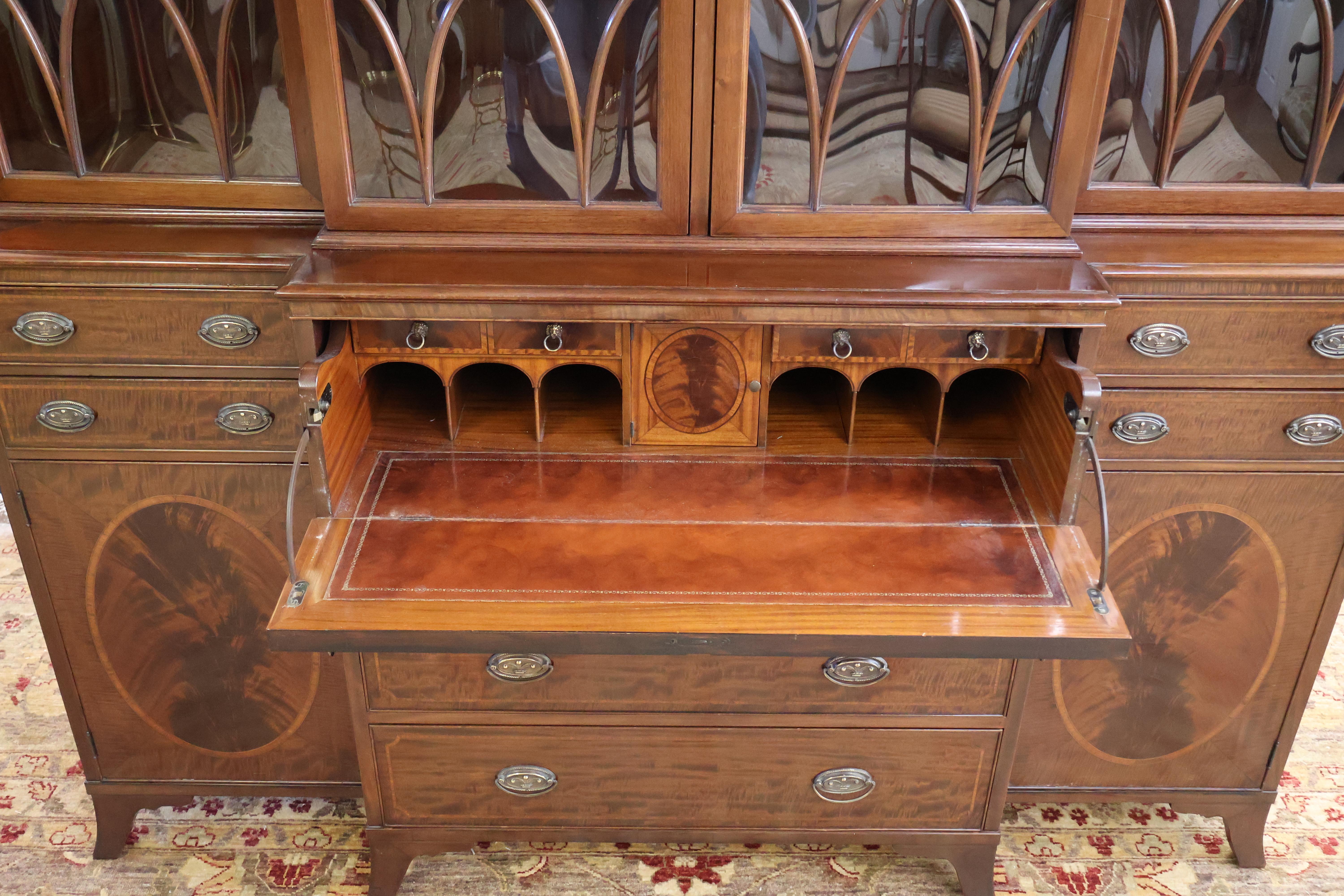 Early 20th Century Flame Mahogany Cabinet Bookcase Breakfront By Warsaw For Sale 8