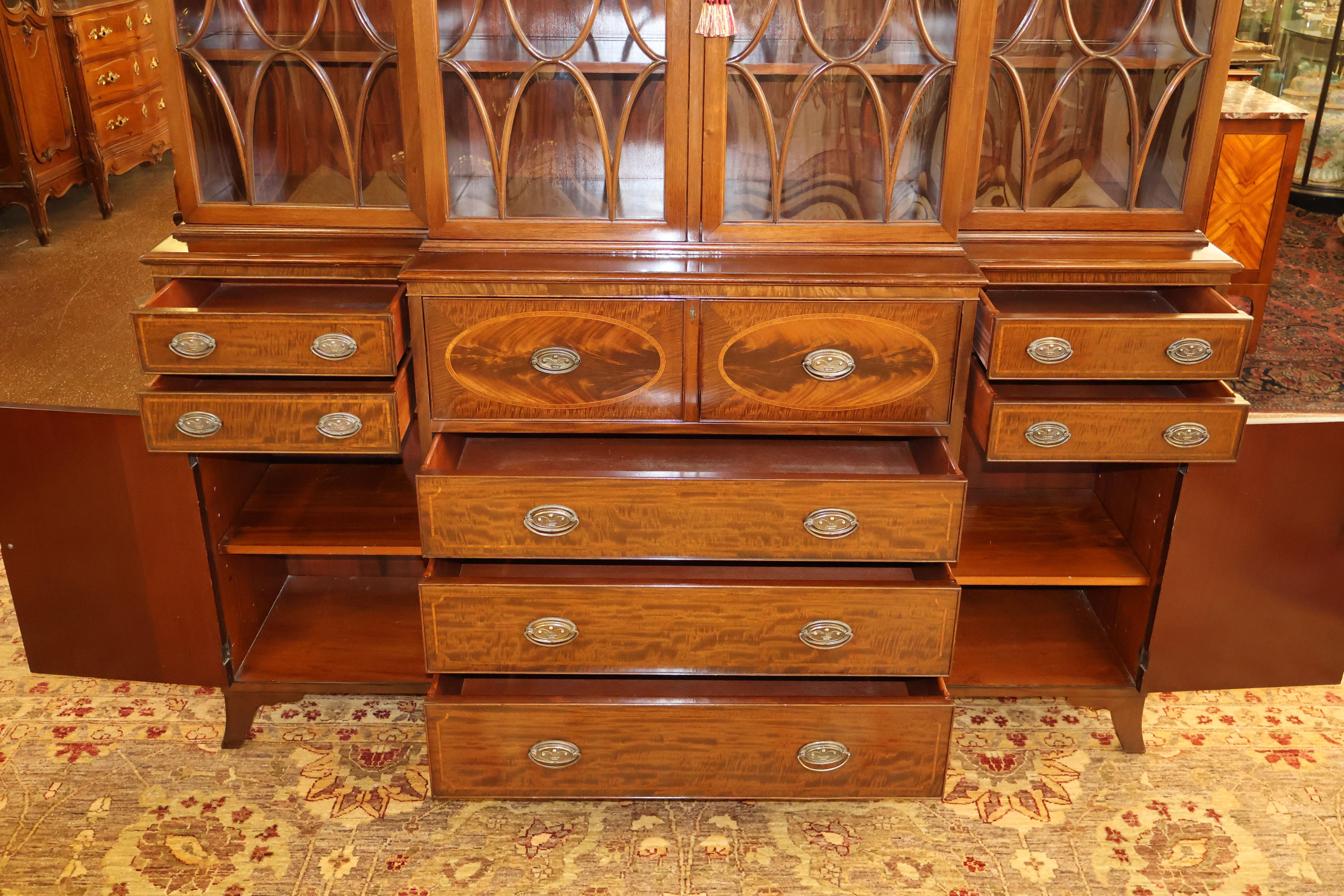 Early 20th Century Flame Mahogany Cabinet Bookcase Breakfront By Warsaw For Sale 11