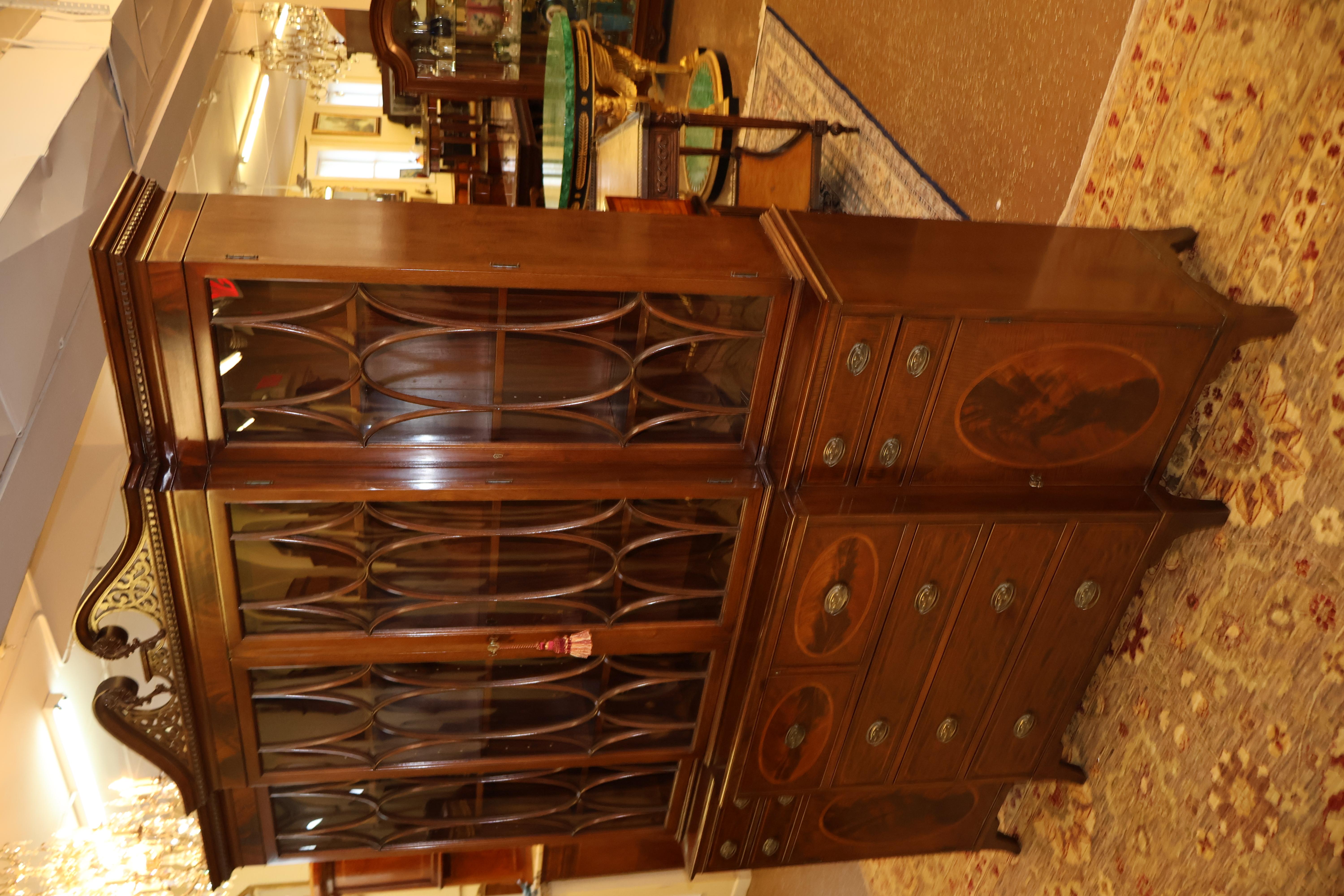 Early 20th Century Flame Mahogany Cabinet Bookcase Breakfront By Warsaw For Sale 14