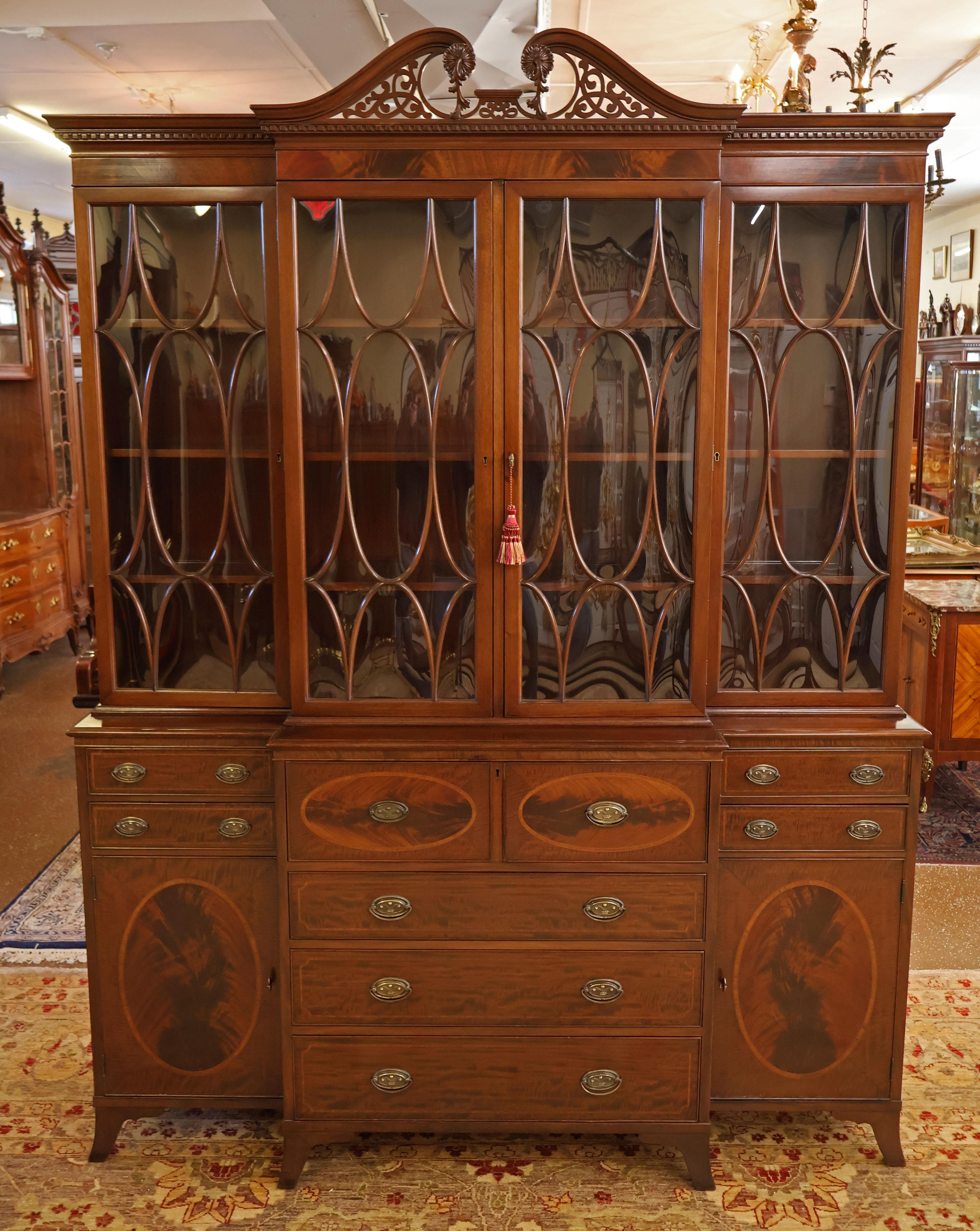 Federal Early 20th Century Flame Mahogany Cabinet Bookcase Breakfront By Warsaw For Sale