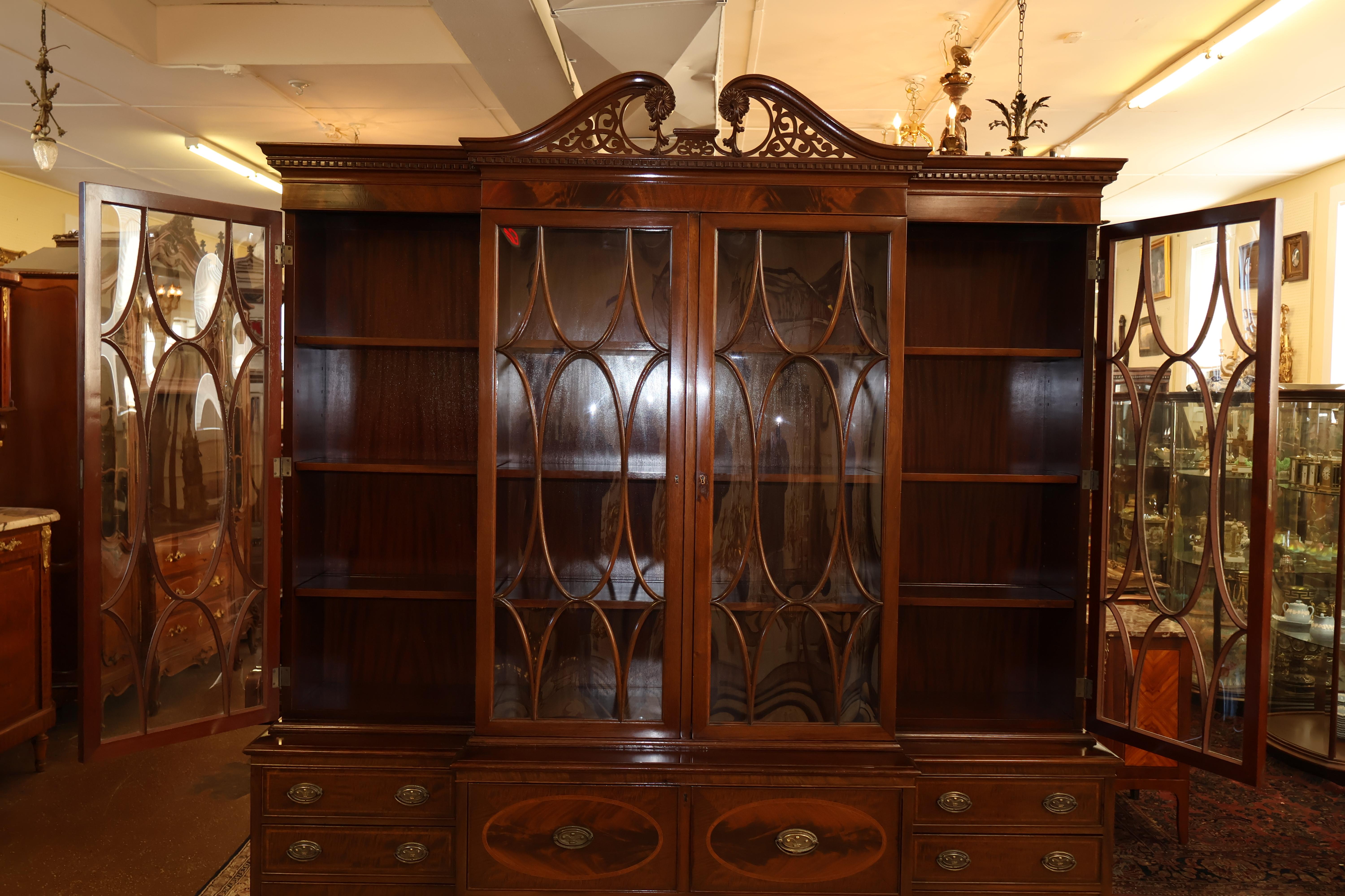 Early 20th Century Flame Mahogany Cabinet Bookcase Breakfront By Warsaw For Sale 4