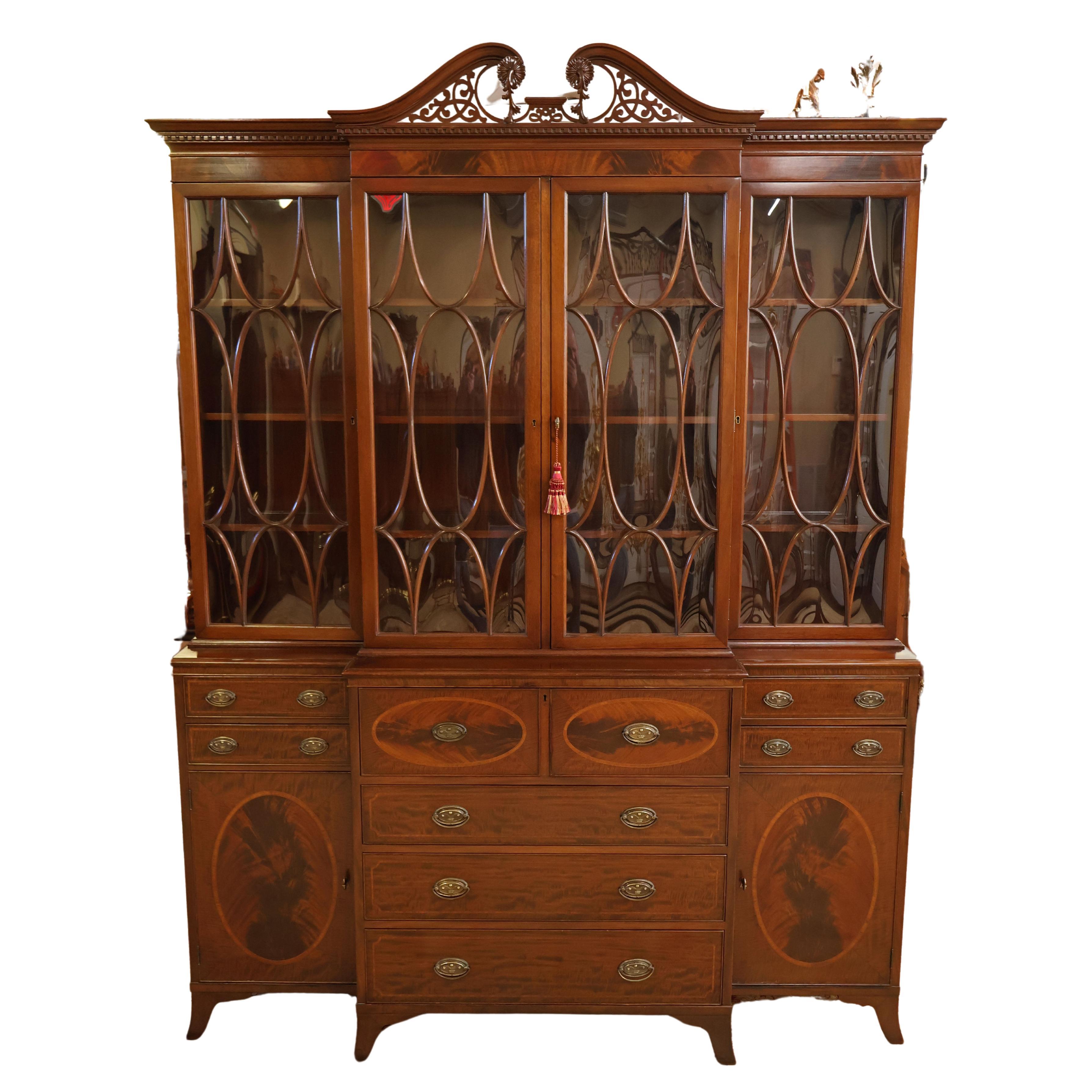 Early 20th Century Flame Mahogany Cabinet Bookcase Breakfront By Warsaw For Sale