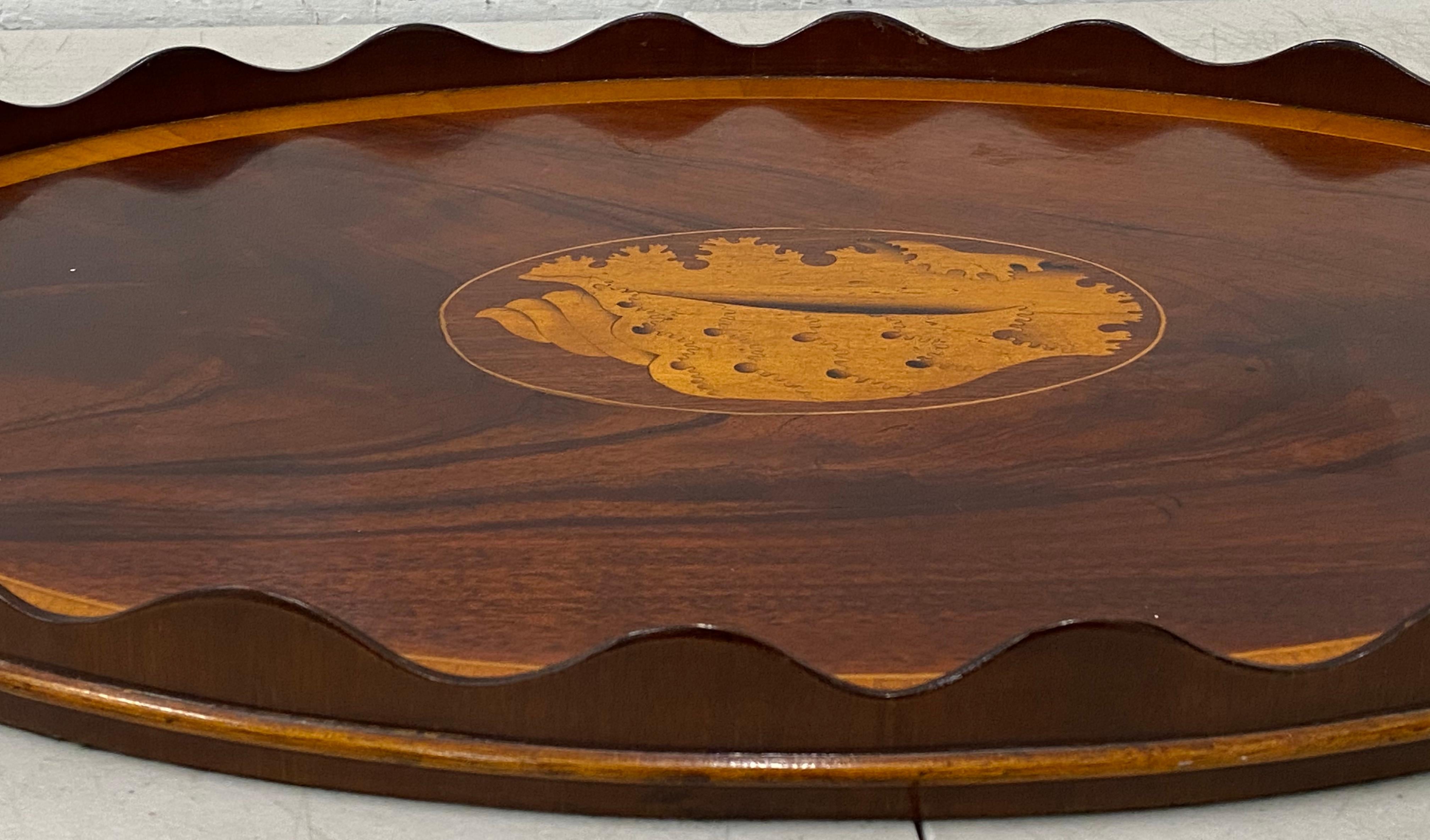 English Early 20th Century Flame Mahogany Serving / Bar Tray with Shell Inlay