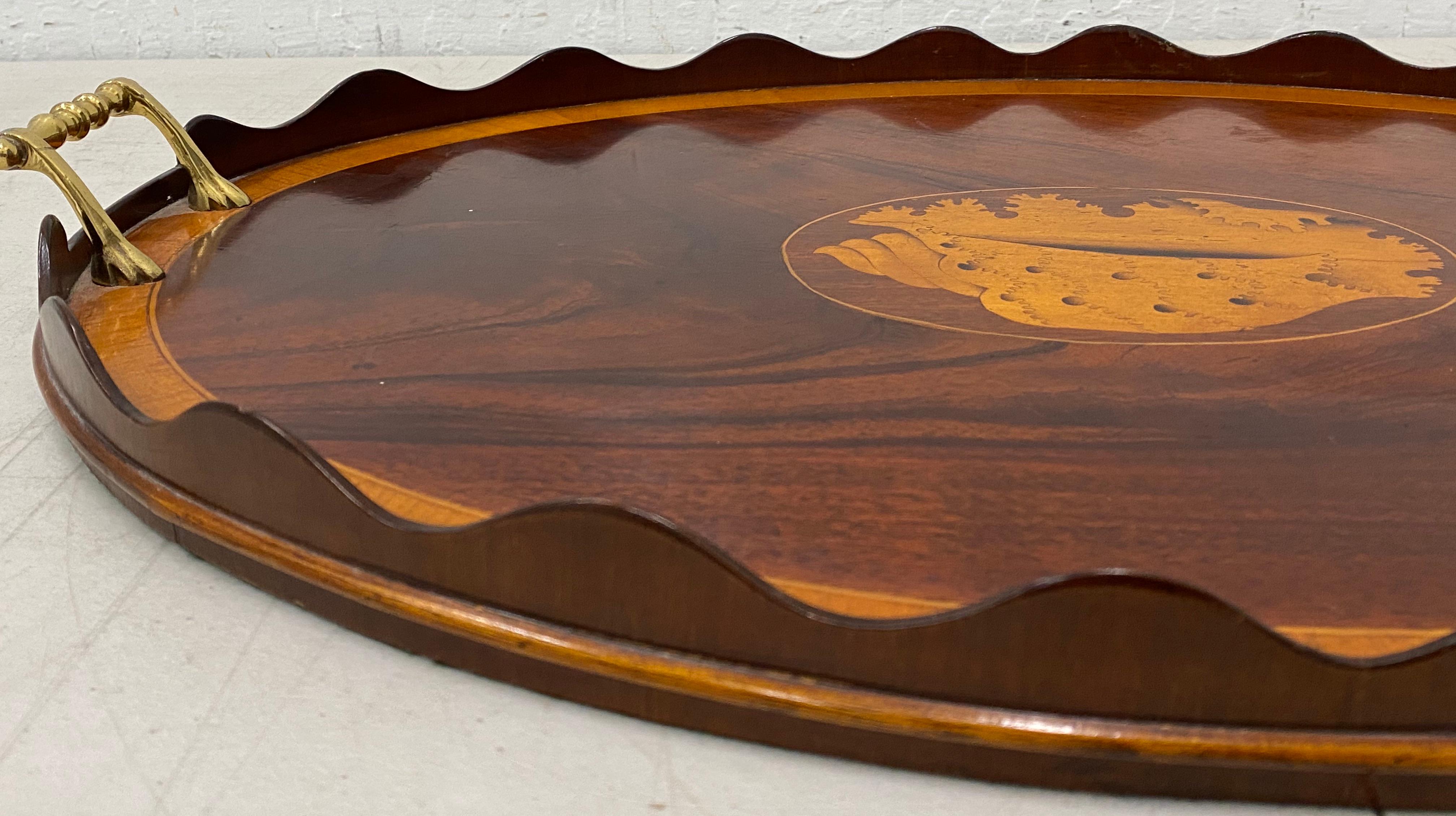 Hand-Crafted Early 20th Century Flame Mahogany Serving / Bar Tray with Shell Inlay