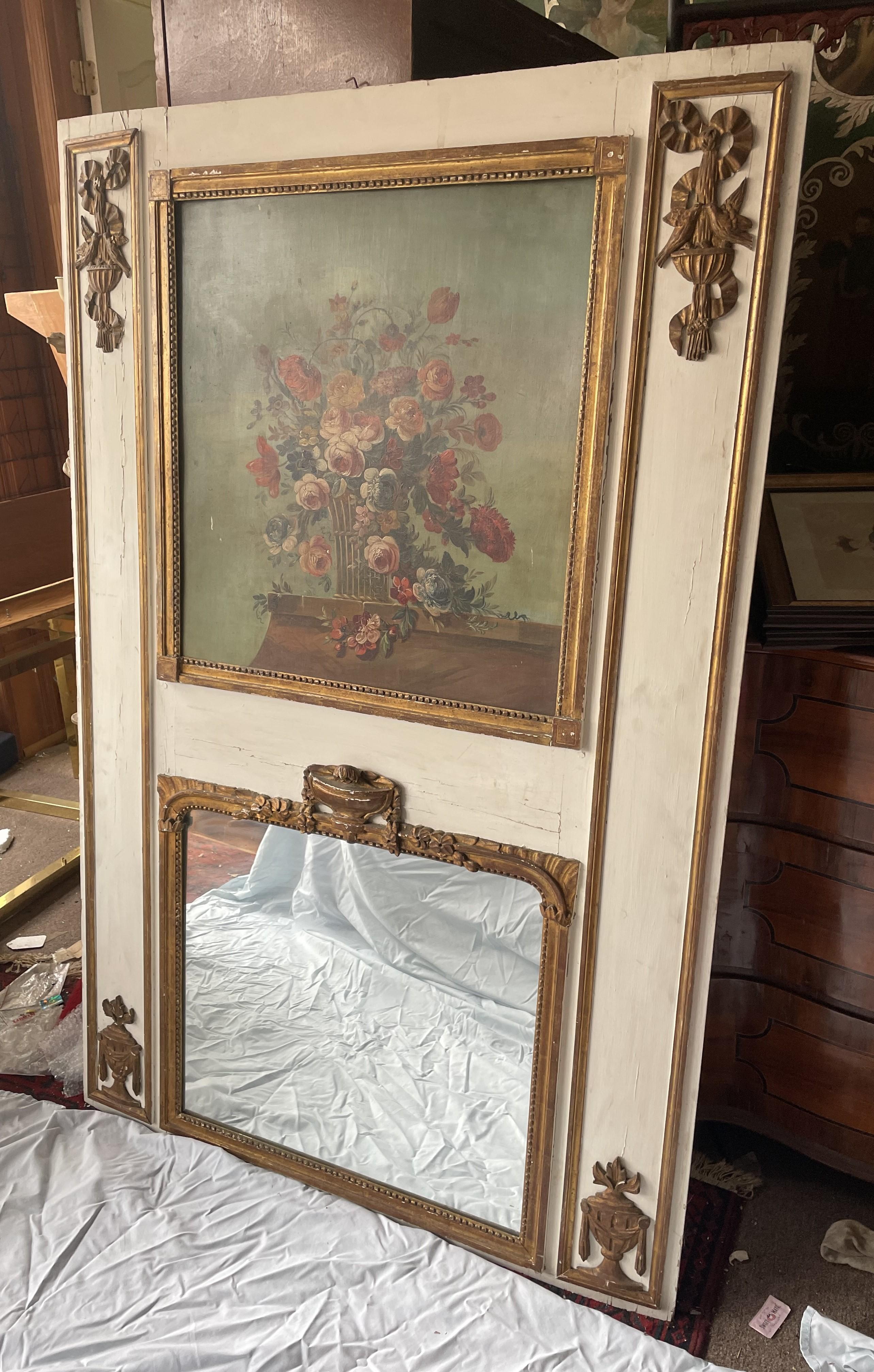 Miroir Trumeau du début du 20e siècle, peint à la main, sculpté et en bois en vente 4