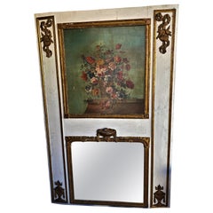 Early 20th Century Flora Hand Painted Carved /wood Trumeau Mirror