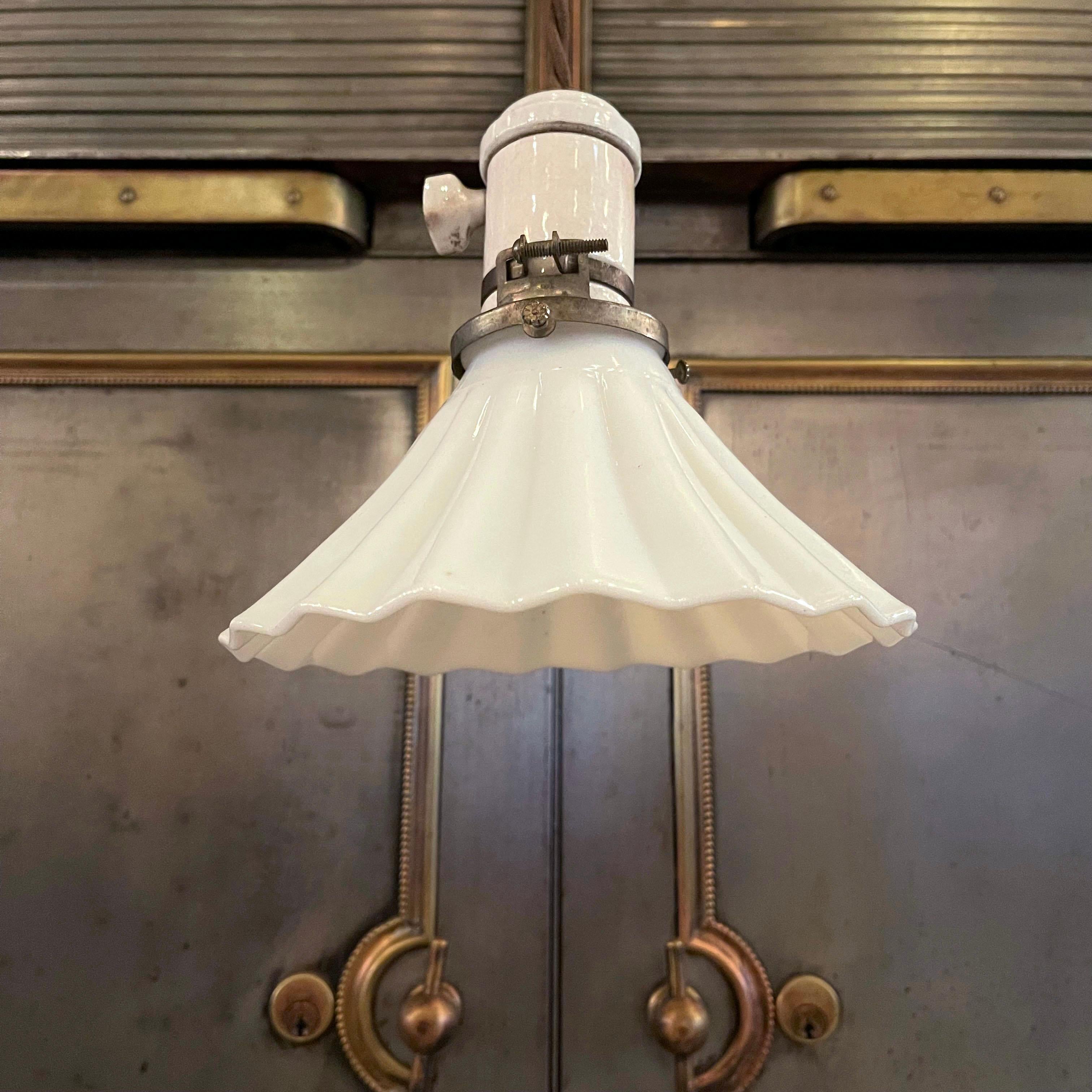 Industrial Early 20th Century Fluted Milk Glass And Porcelain Pendant Light