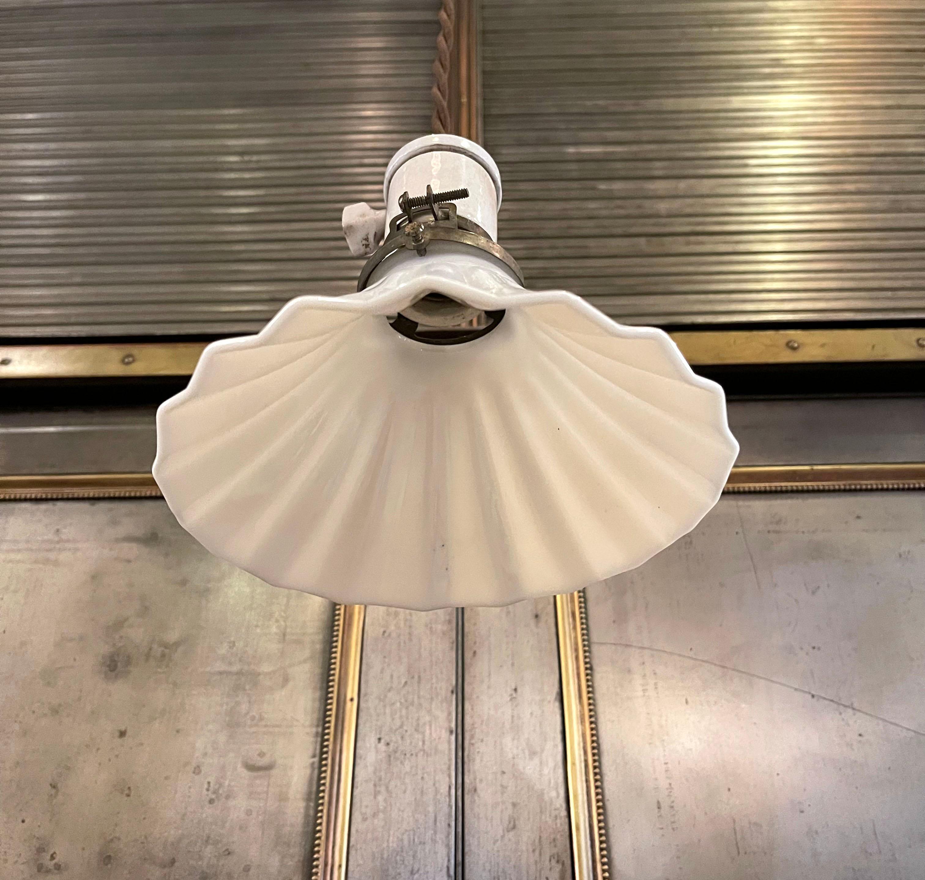 American Early 20th Century Fluted Milk Glass And Porcelain Pendant Light