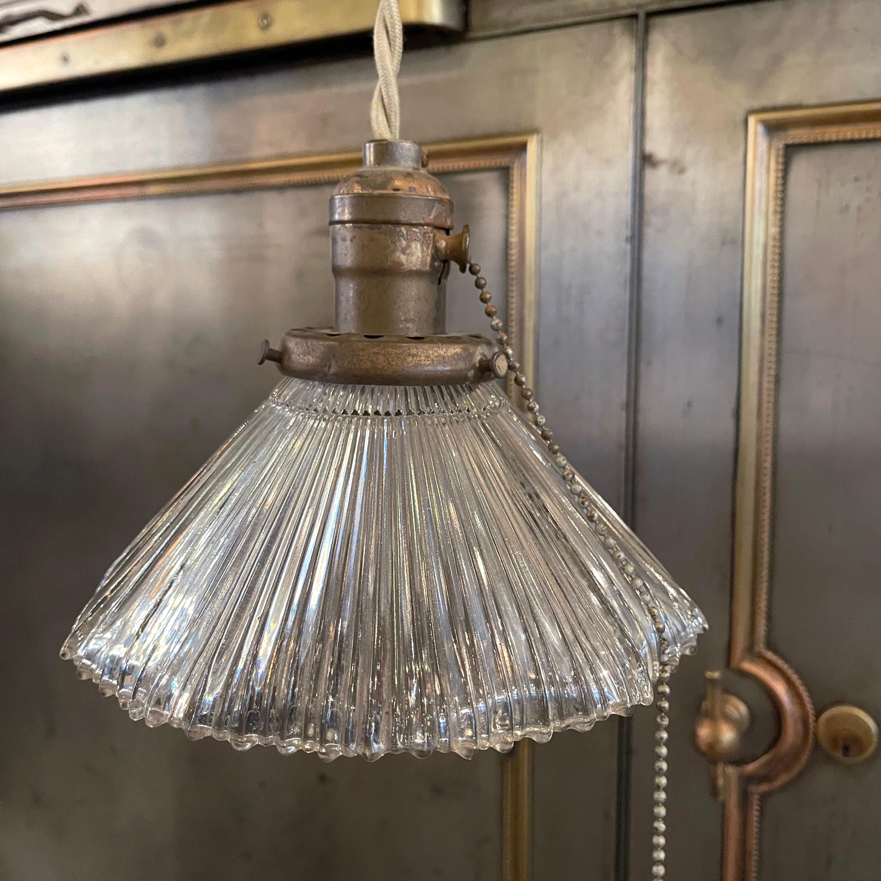 Industrial Early 20th Century Fluted Ruffle Glass Pendant Light