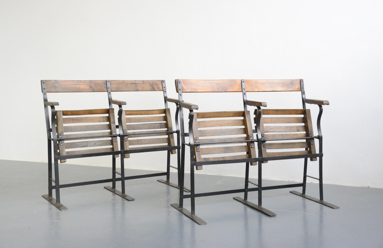 Early 20th century folding train seats

- Price is per pair
- Wrought iron frames
- Slated wooden seats
- Flip up
- French, 1910
- Measures: 49cm deep x 98cm wide x 86cm tall
- 53cm from floor to seat

Condition report

Fully working,