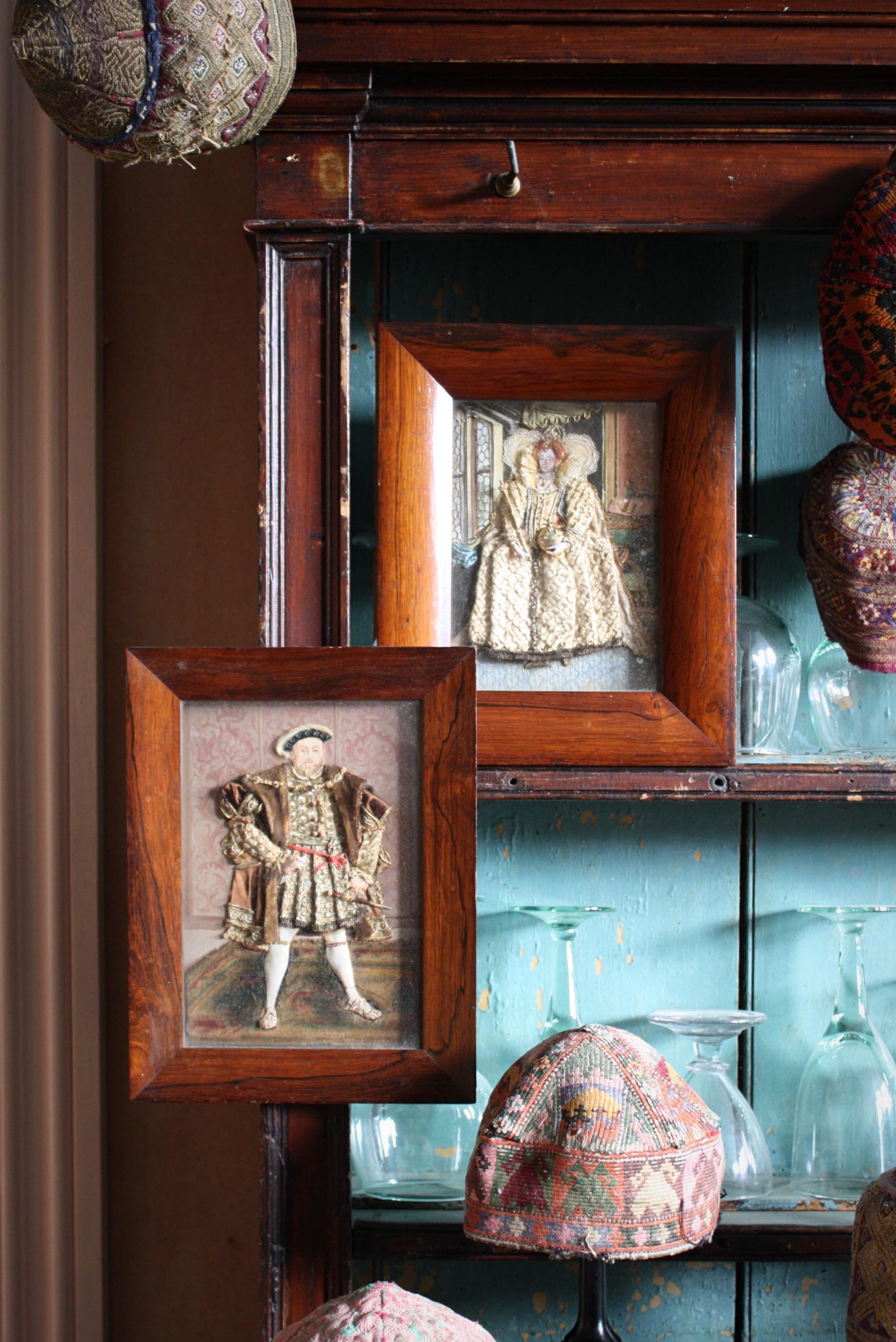English Early 20th Century Folk Art Appliqué Collages Henry vii & Queen Elizabeth 1st For Sale