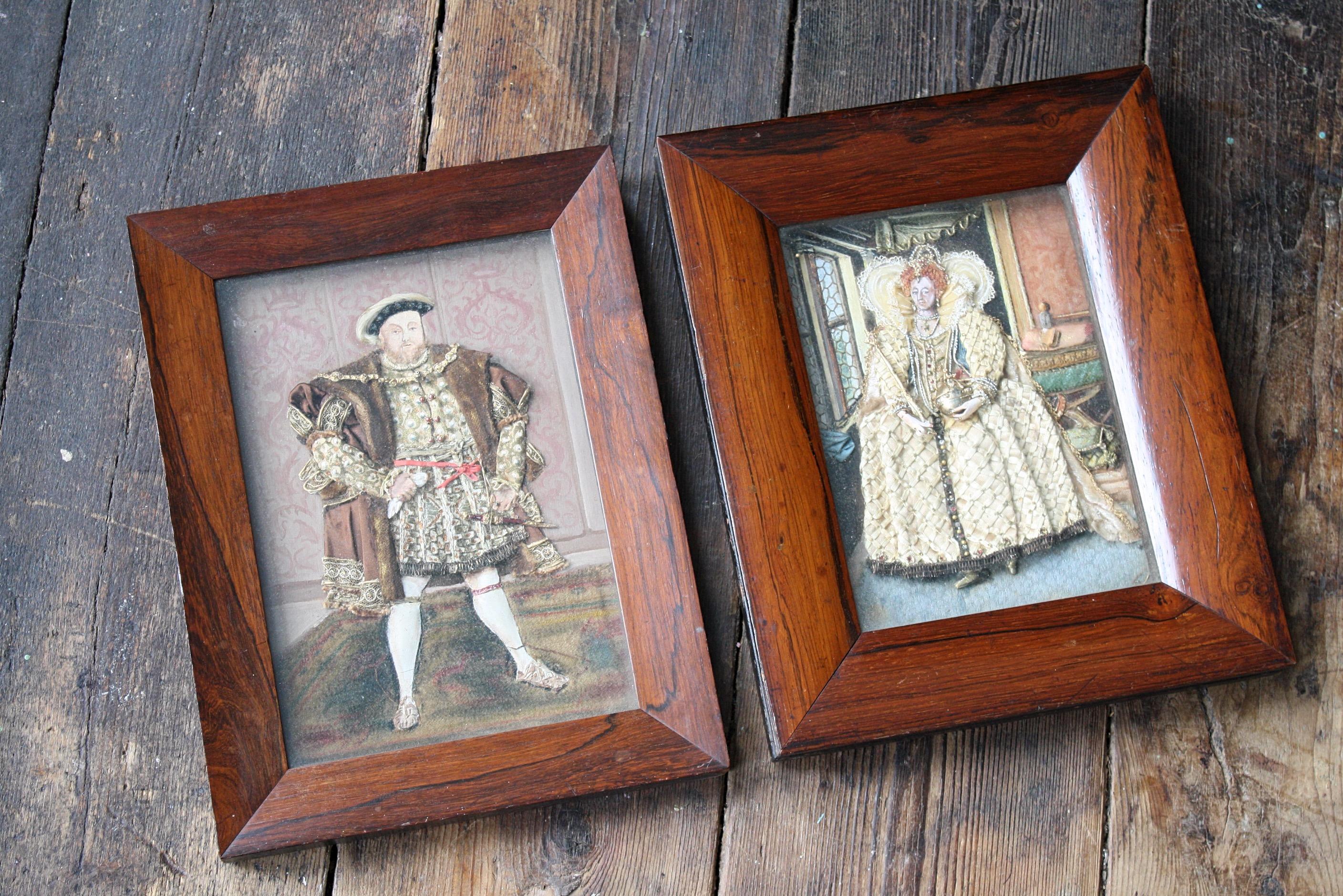 Early 20th Century Folk Art Appliqué Collages Henry vii & Queen Elizabeth 1st  In Good Condition For Sale In Lowestoft, GB