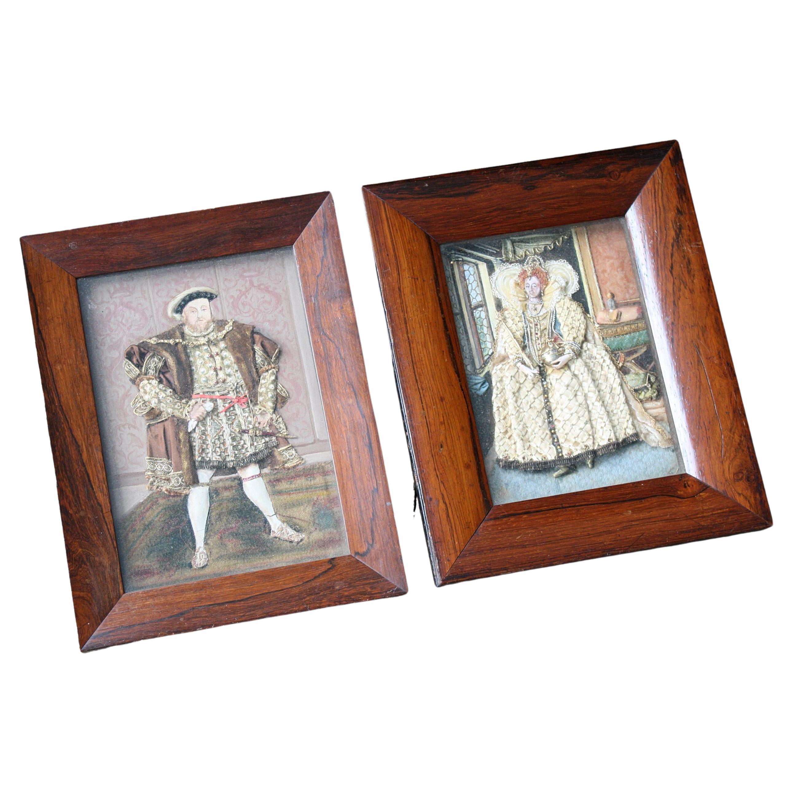 Early 20th Century Folk Art Appliqué Collages Henry vii & Queen Elizabeth 1st  For Sale