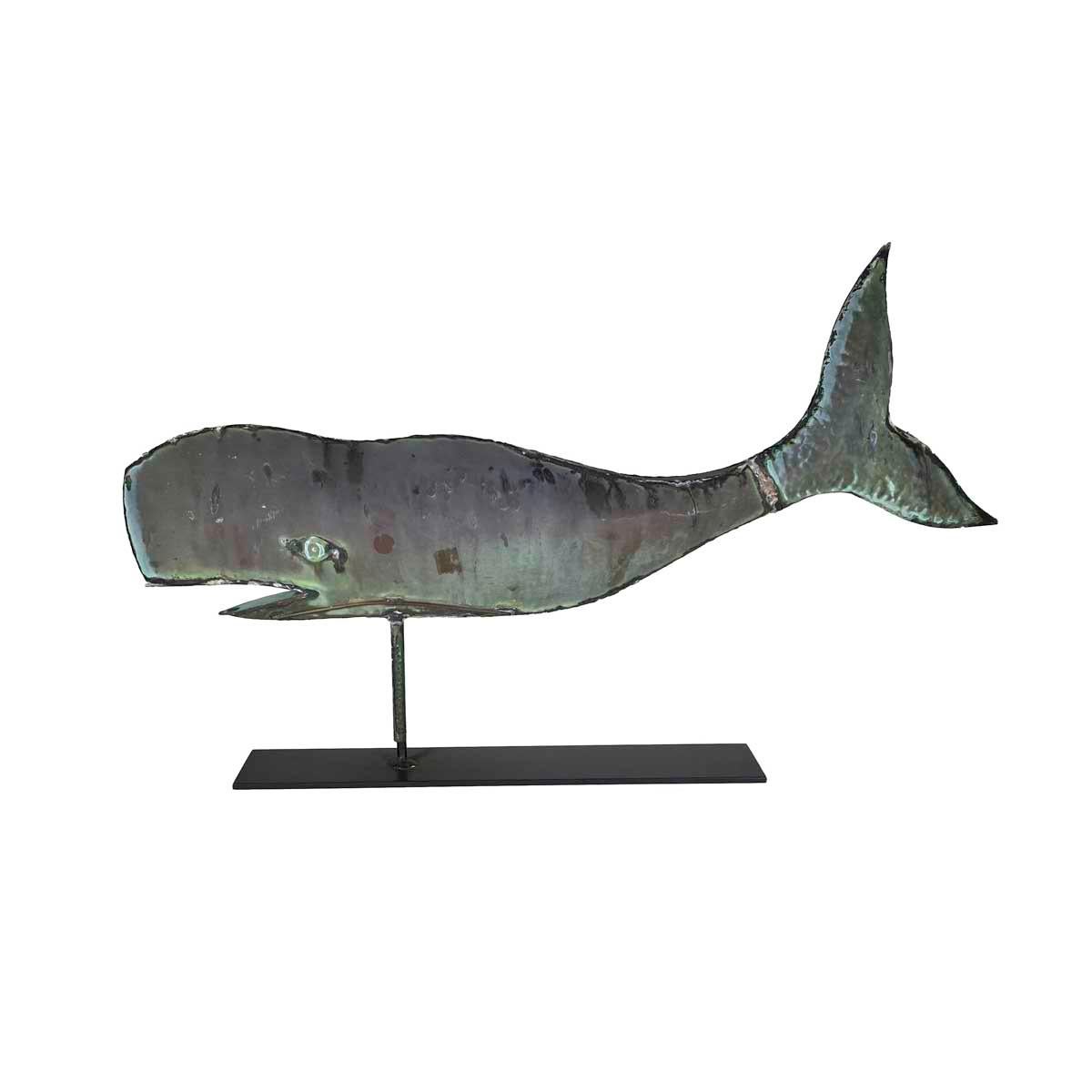 Early weathervane in the form of a sperm whale in copper, of hollow body form with raised tail, open mouth and applied eyes. Retaining original verdigris patina.
New England, circa 1920-1940