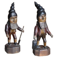 Early 20th Century Folk Art Gnomes Gardeners Original Paint Treen