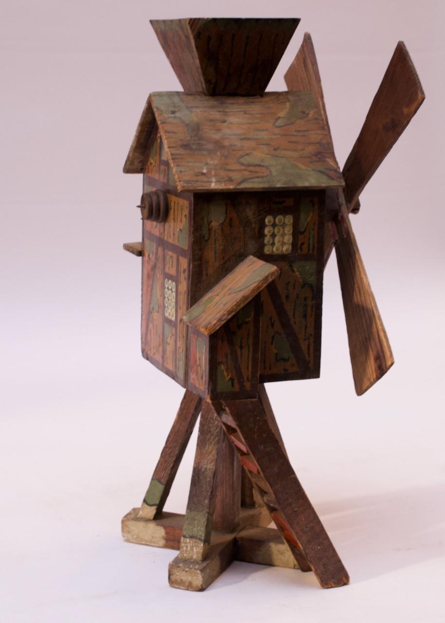 Wood Early 20th Century Folk Art Hand Carved and Painted Barn Whirligig / Birdhouse