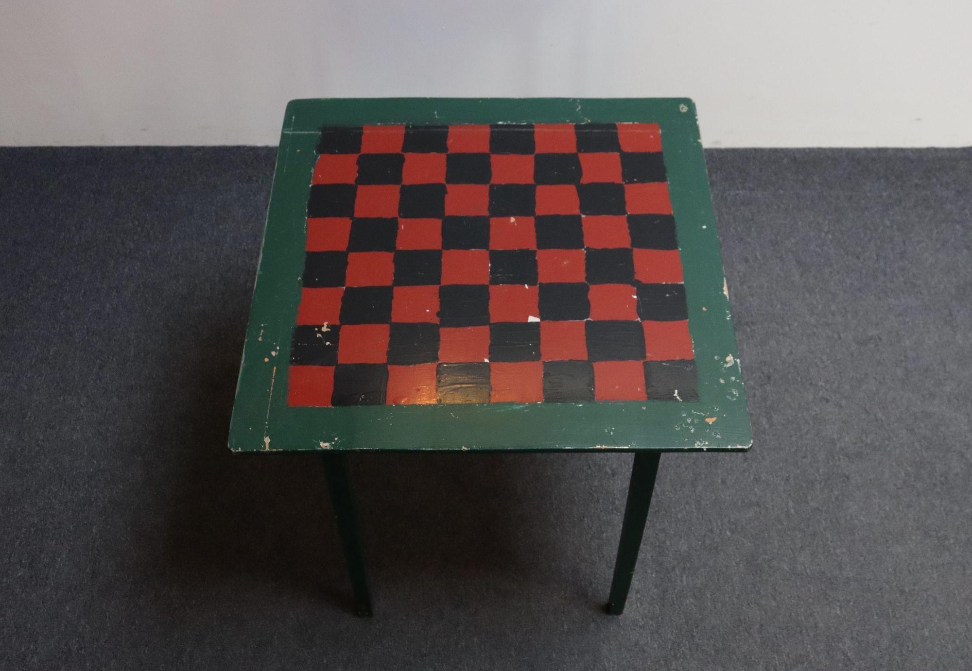 Wood Early 20th Century Folk Art Hand-Painted Collapsible Game Table / Chess Board For Sale