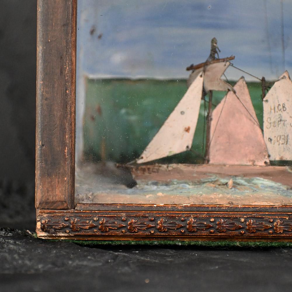 Artisanat Diorama de bateau et de voilier d'art populaire du début du 20e siècle