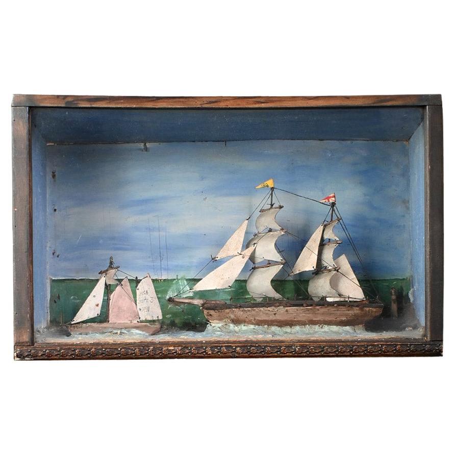 Diorama de bateau et de voilier d'art populaire du début du 20e siècle
