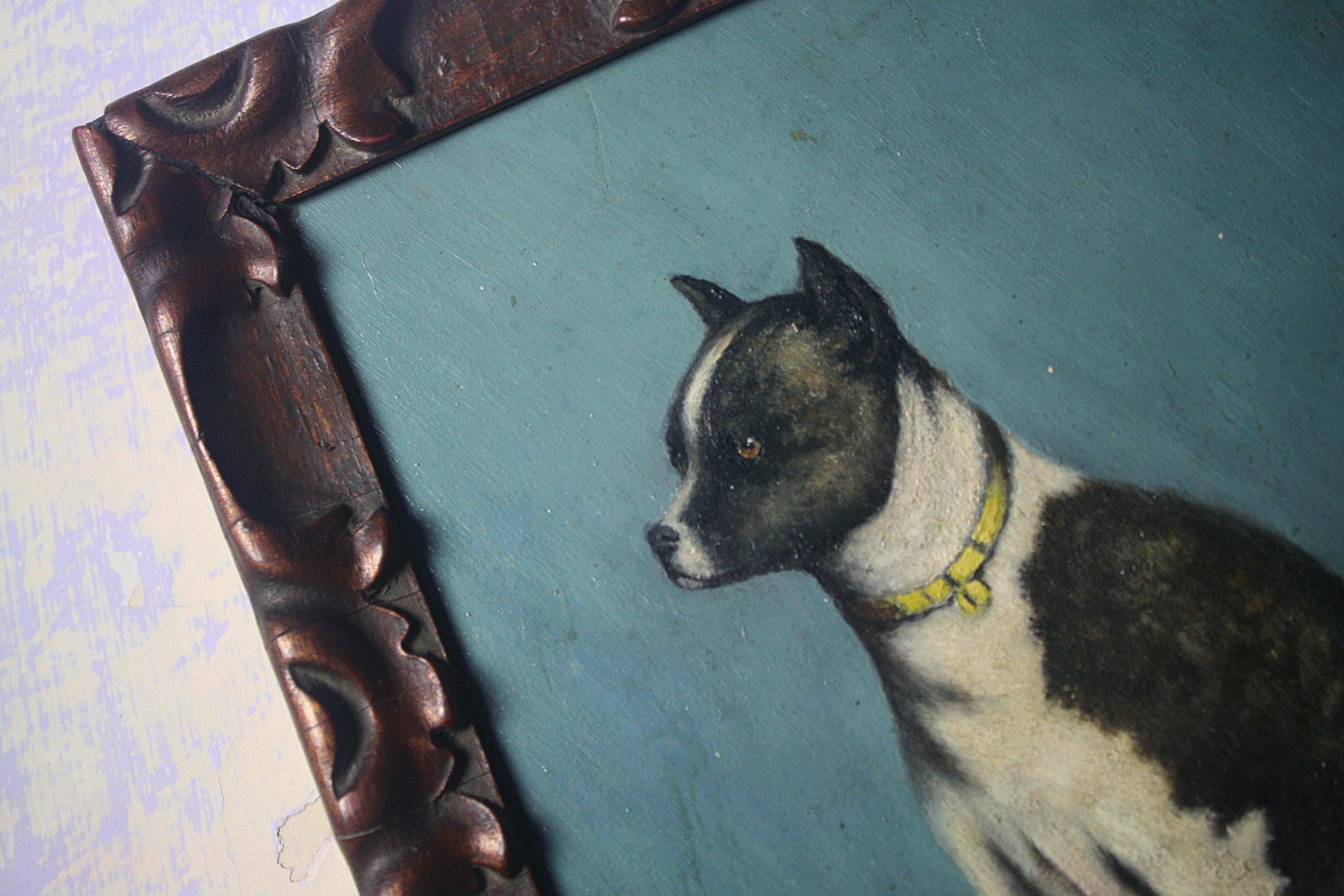 A charming, loose depiction of a Staffordshire Bull Terrier named Ratine.
Oil on board, housed in a carved oak frame.
Early 20th century in age signed lower left P.Plantin. 
Some minor age related wear to the paint surface 

Measures: