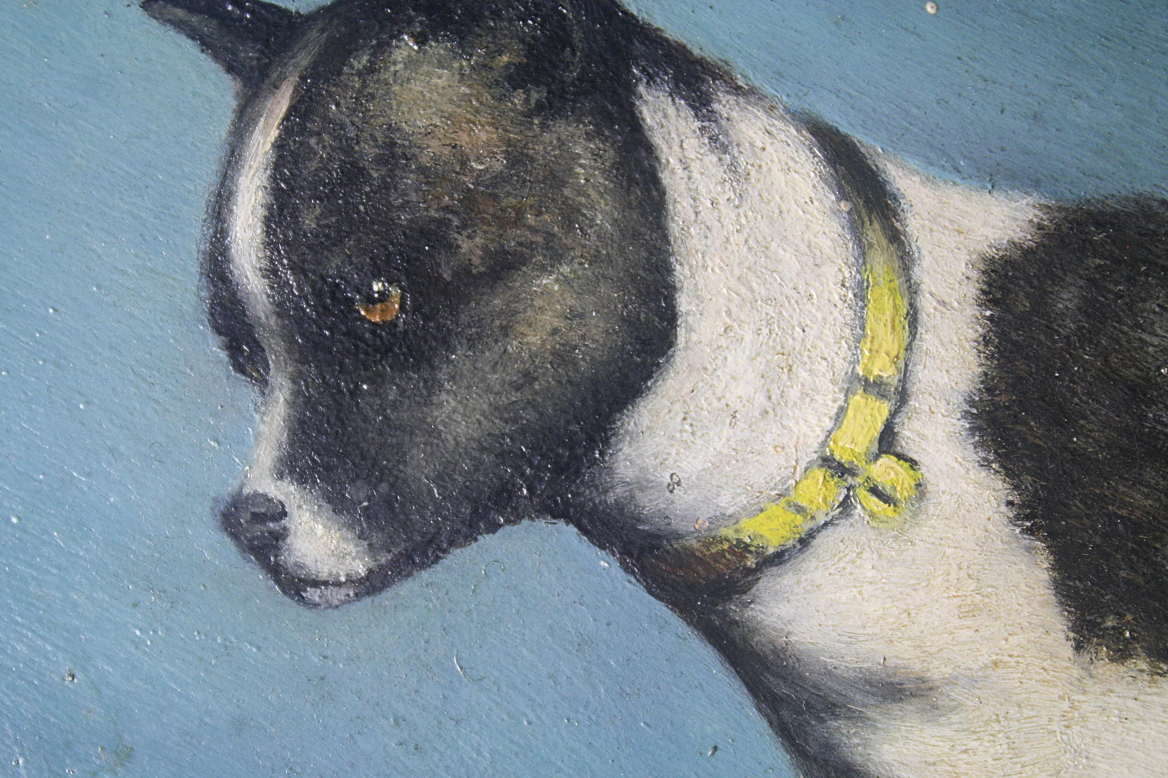 Early 20th Century Folk Art Staffordshire Bull Terrier Dog Ratine Oil on Board In Good Condition In Lowestoft, GB