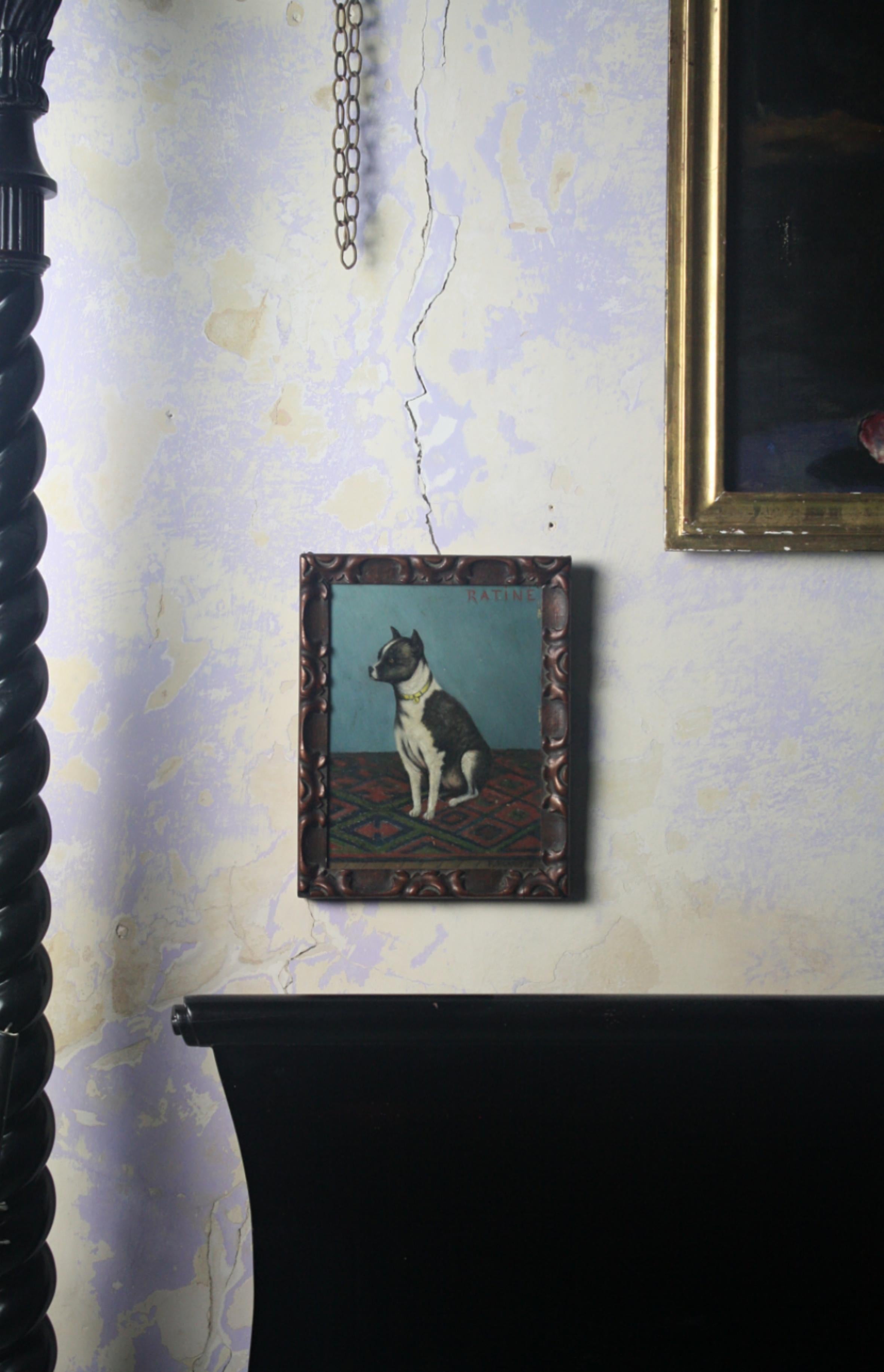 Hardwood Early 20th Century Folk Art Staffordshire Bull Terrier Dog Ratine Oil on Board