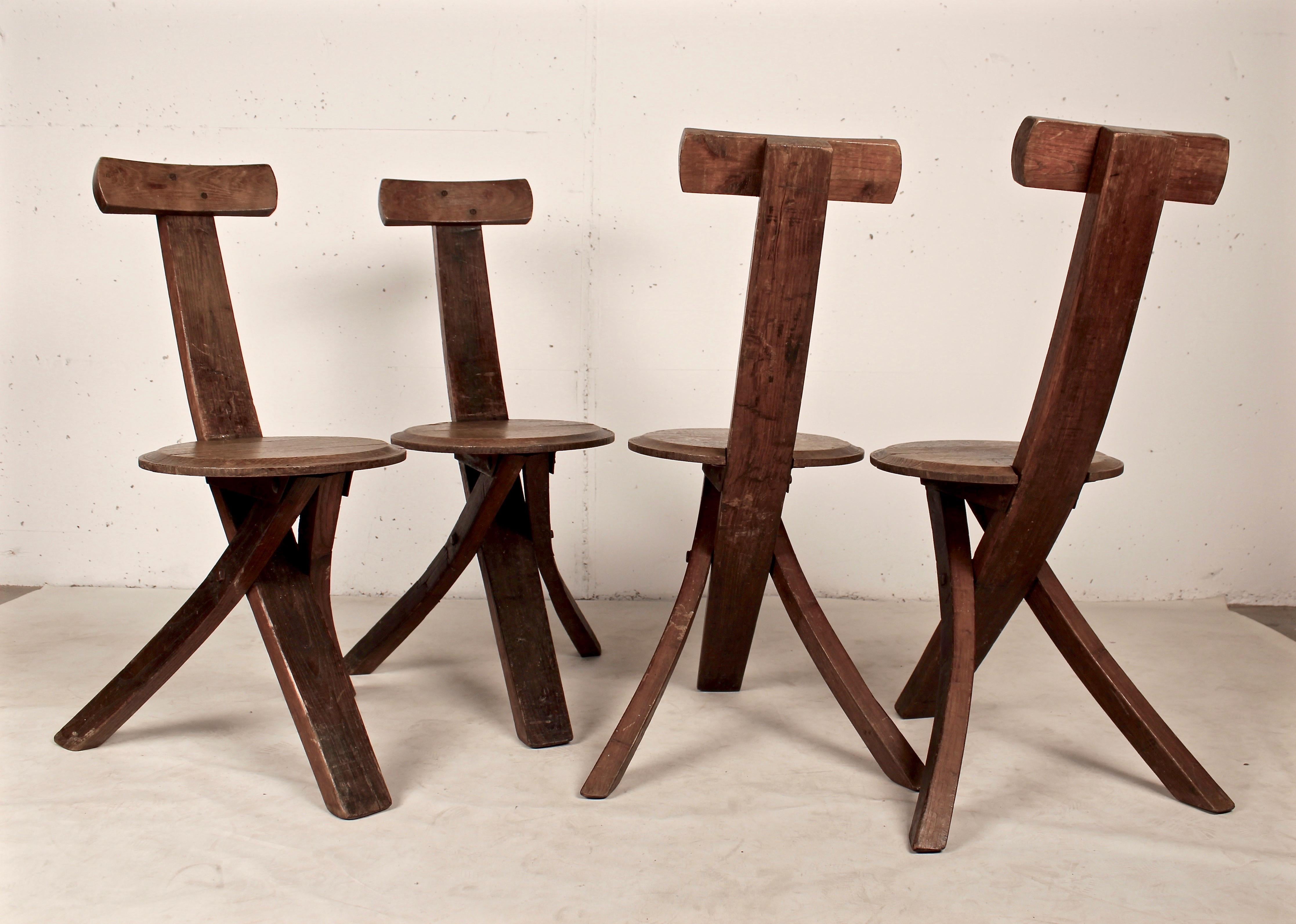 French Early 20th Century Folk Art Tripod Chairs in Oak