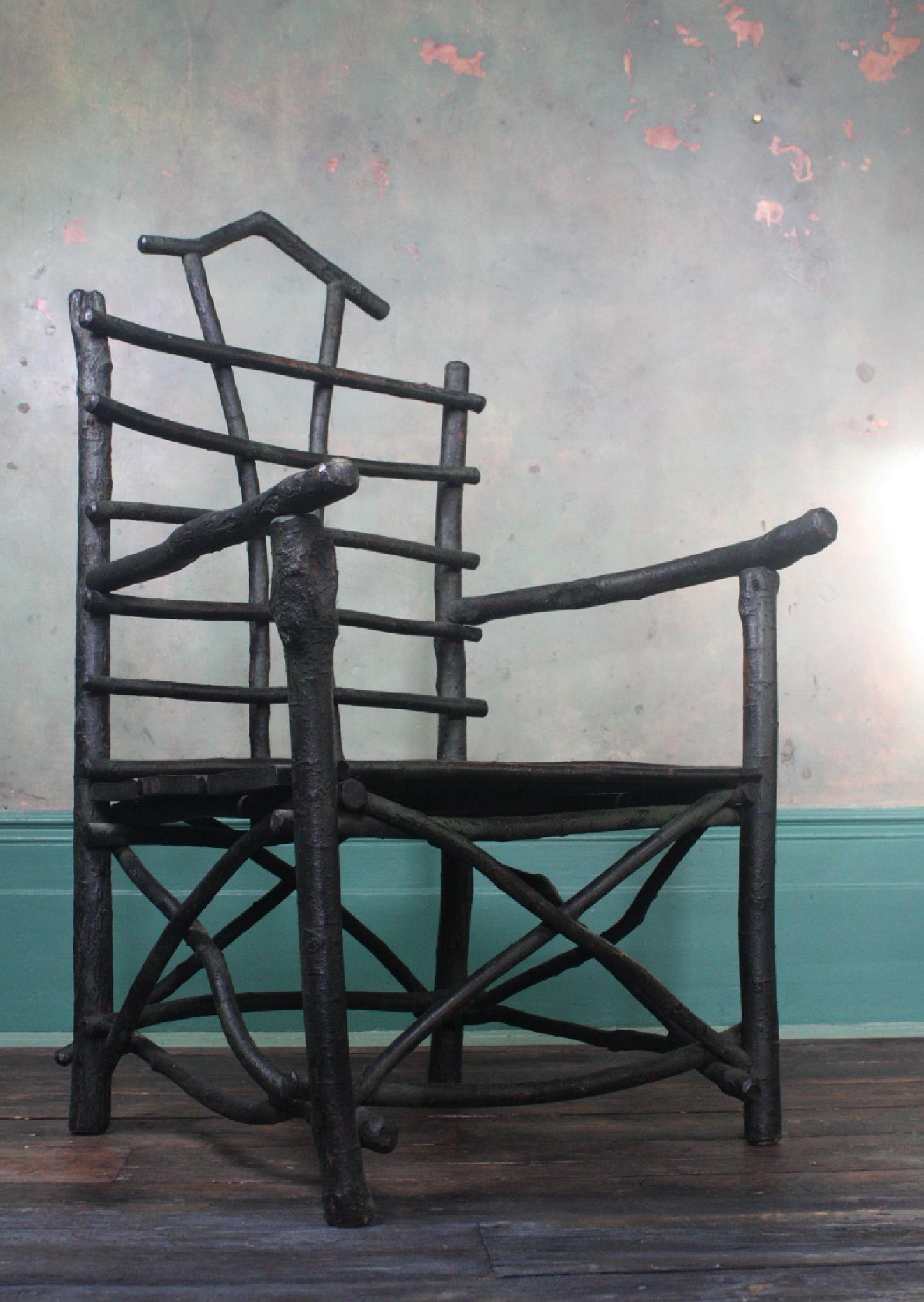 Early 20th Century Folk Outsider Art Vernacular Lichen Twig Armchair In Good Condition In Lowestoft, GB