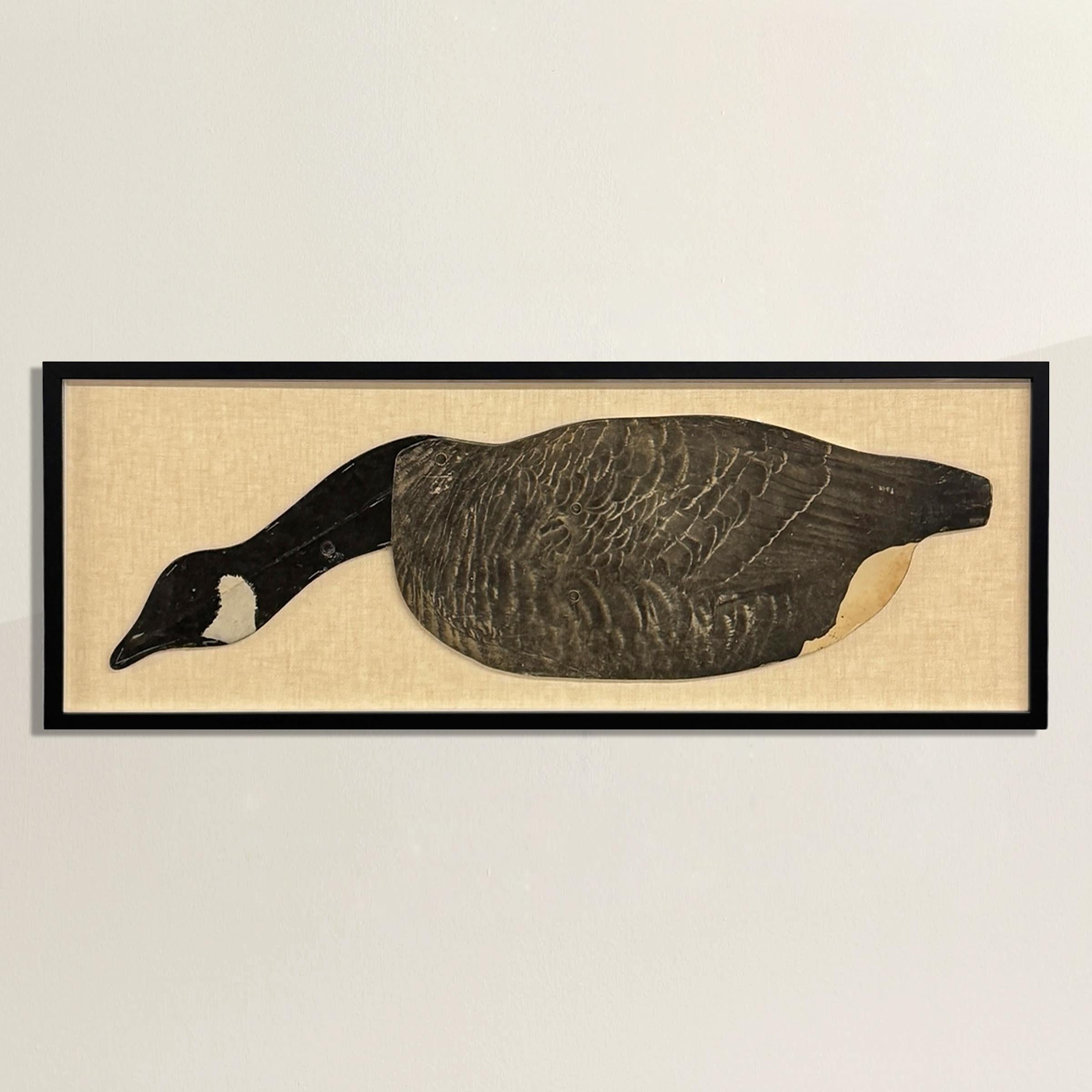 This framed American 1940s Canada Goose decoy is a striking piece of functional folk art, beautifully preserved and presented. Originally crafted from waxed cardboard, the decoy was designed to be lightweight and portable, with a metal bar inserted