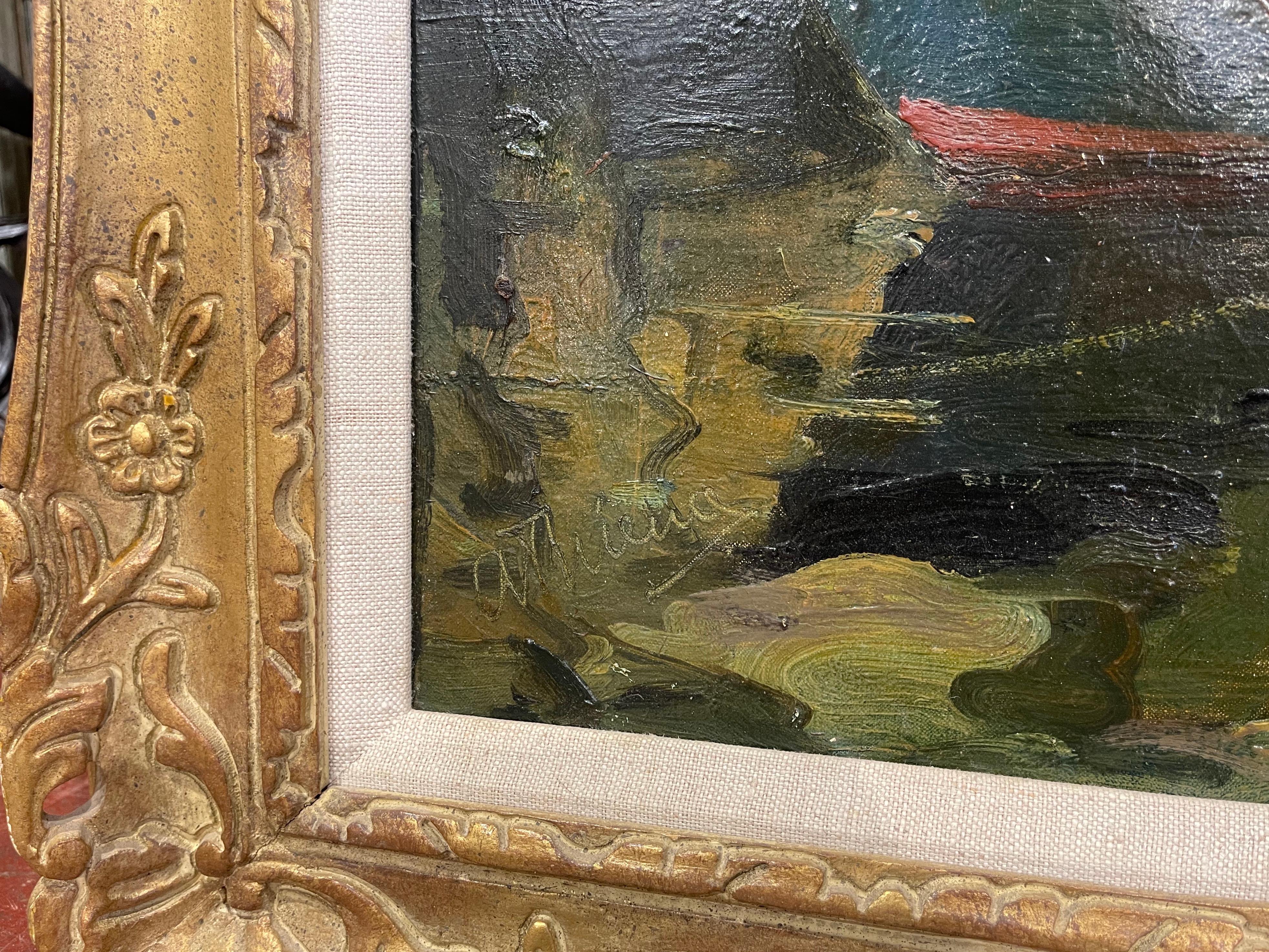 Peinture à l'huile sur toile encadrée du début du 20e siècle représentant des basses eaux, signée A. Thieme en vente 3
