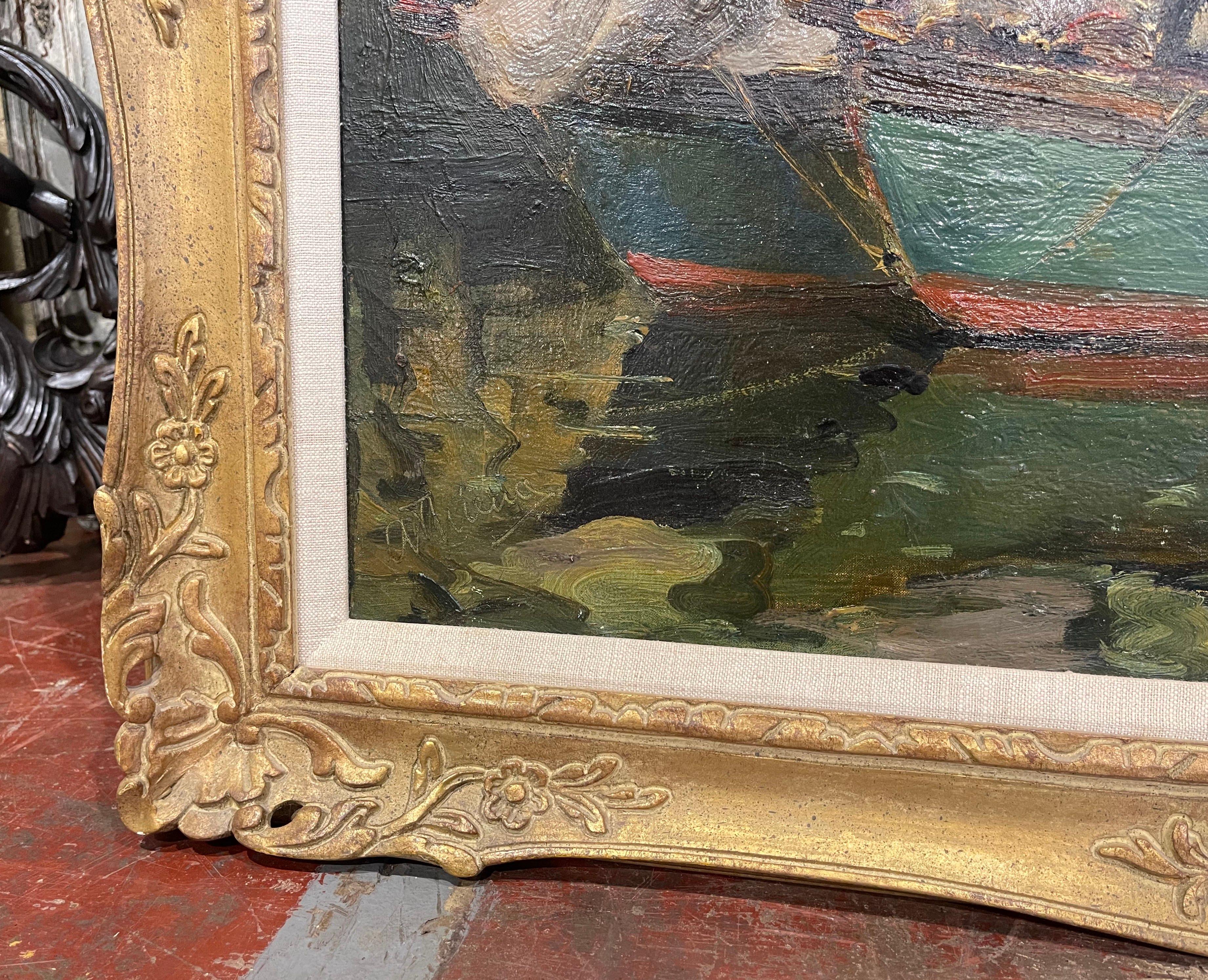Art déco Peinture à l'huile sur toile encadrée du début du 20e siècle représentant des basses eaux, signée A. Thieme en vente