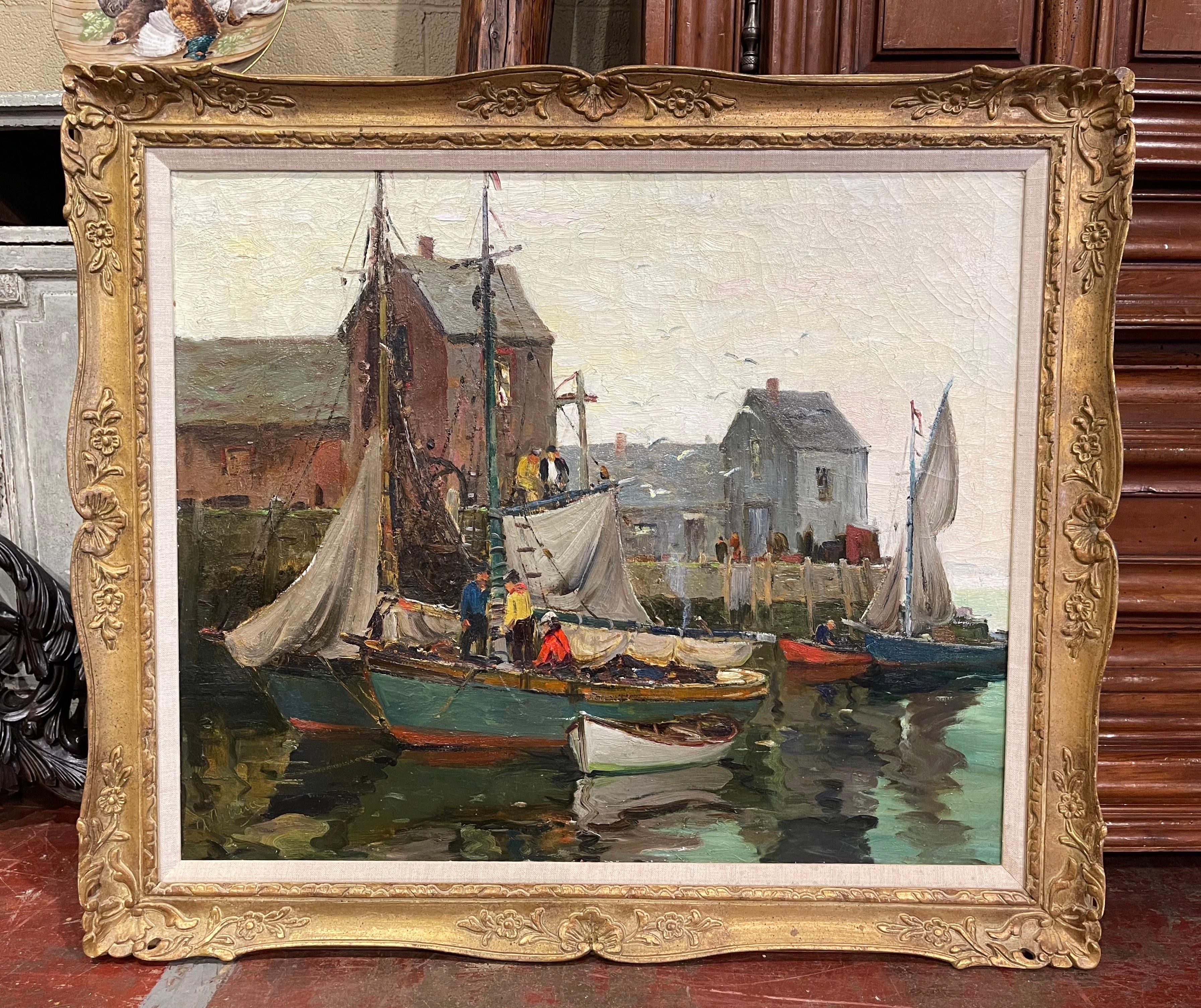 Early 20th Century Framed Oil on Canvas Painting “Low Waters” Signed A. Thieme In Excellent Condition In Dallas, TX