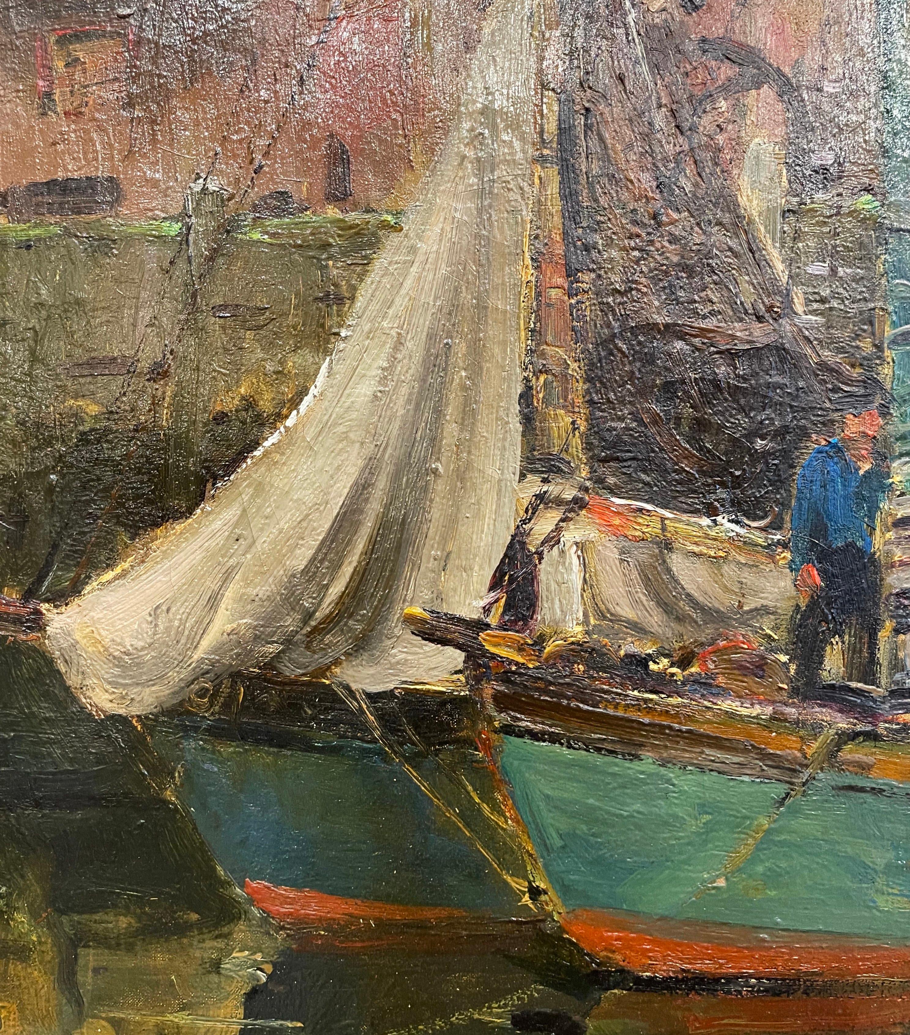 Peinture à l'huile sur toile encadrée du début du 20e siècle représentant des basses eaux, signée A. Thieme en vente 1