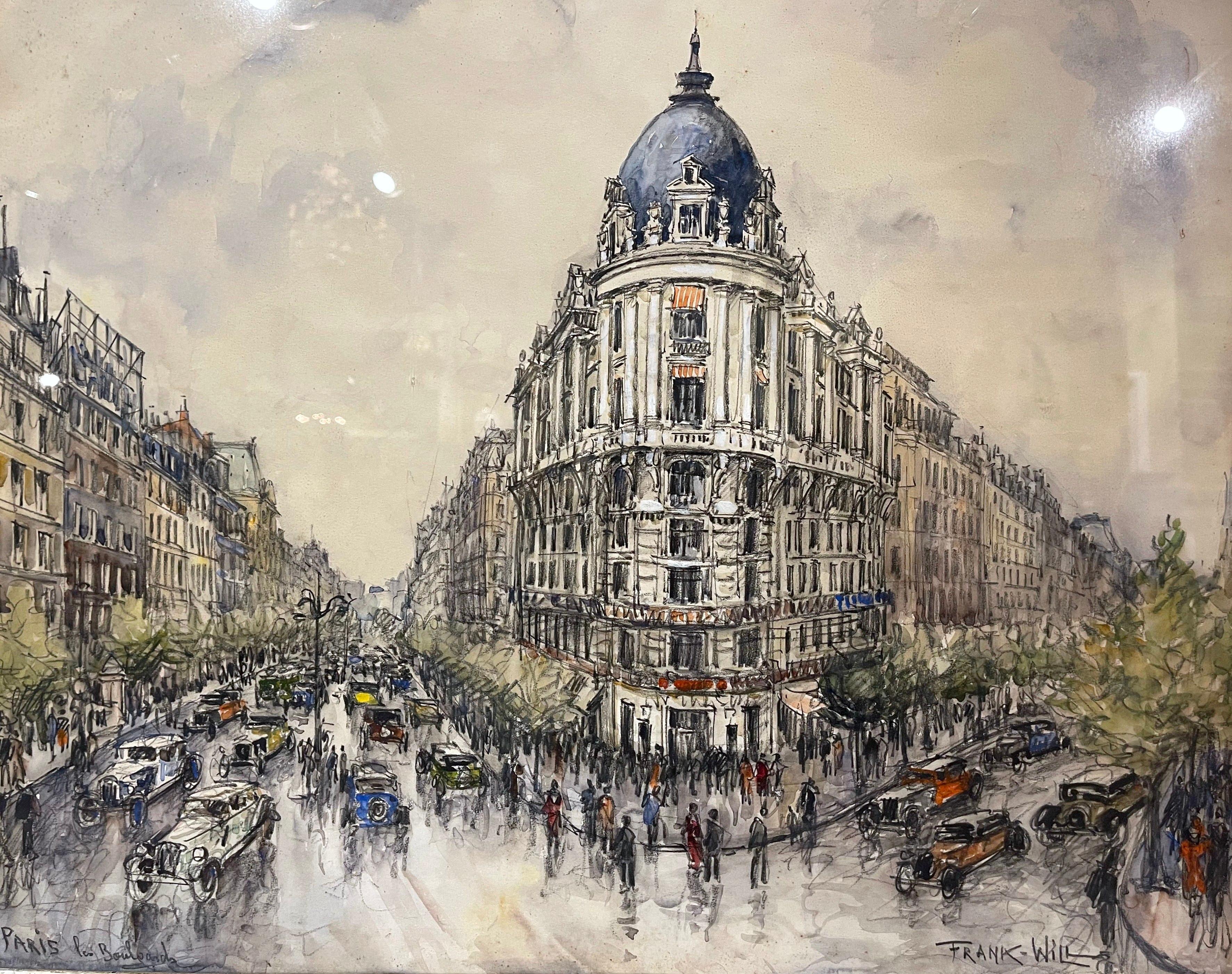 Decorate an office or study with this large watercolor painting. Created in Paris, France circa 1930, and set in a gilt carved frame preserved with protective glass, the artwork titled “Paris Les Boulevards”, depicts an iconic Paris district, the