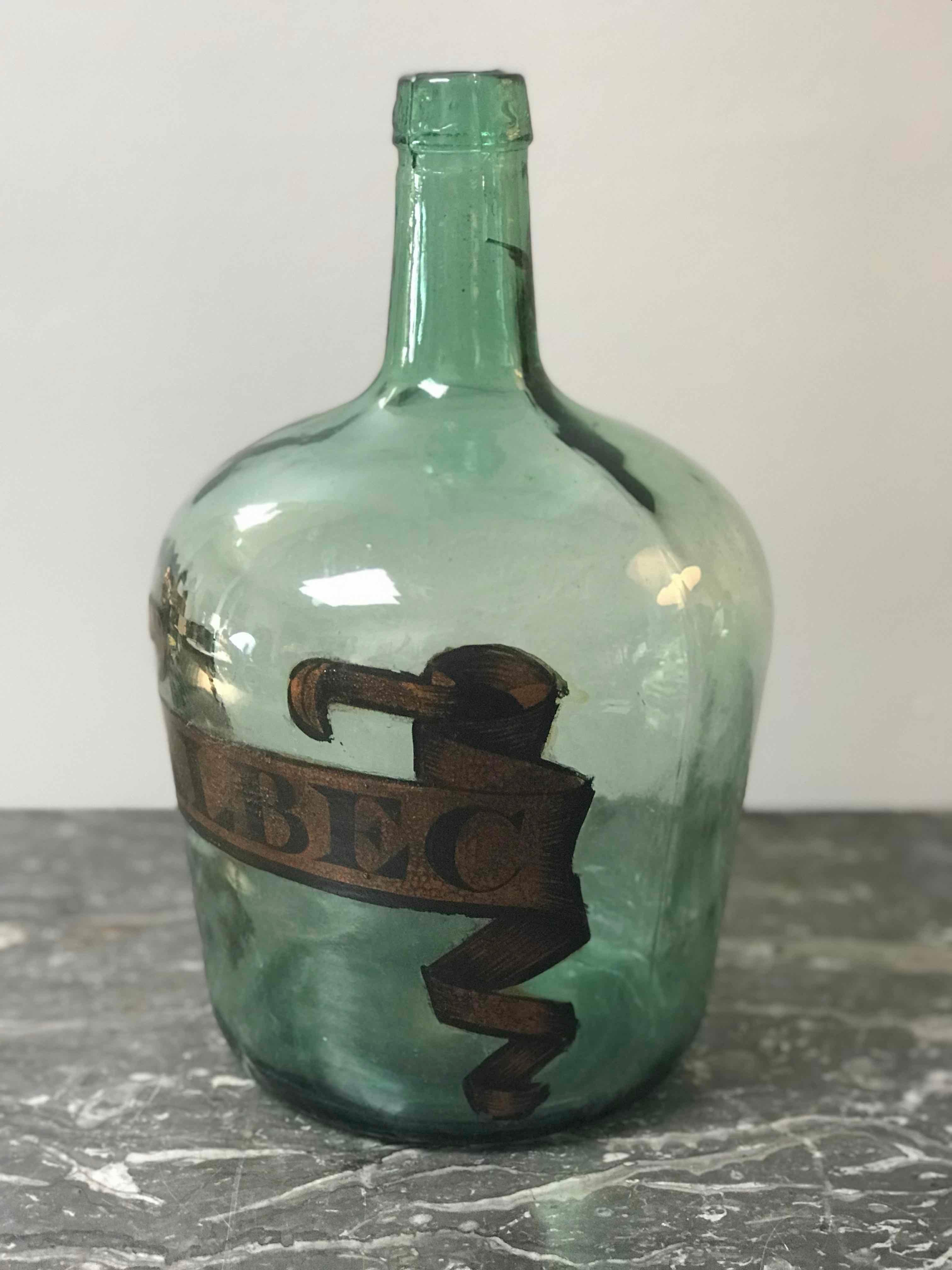 Edwardian Early 20th Century France Green Blown Glass Bottle with Malbec label
