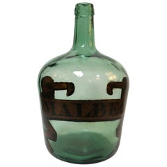 Antique Early 20th Century France Green Blown Glass Bottle with Malbec Label