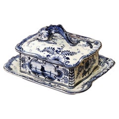 Antique Early 20th Century Franz Anton Mehlem Royal Bonn Delft Sardine or Butter Dish