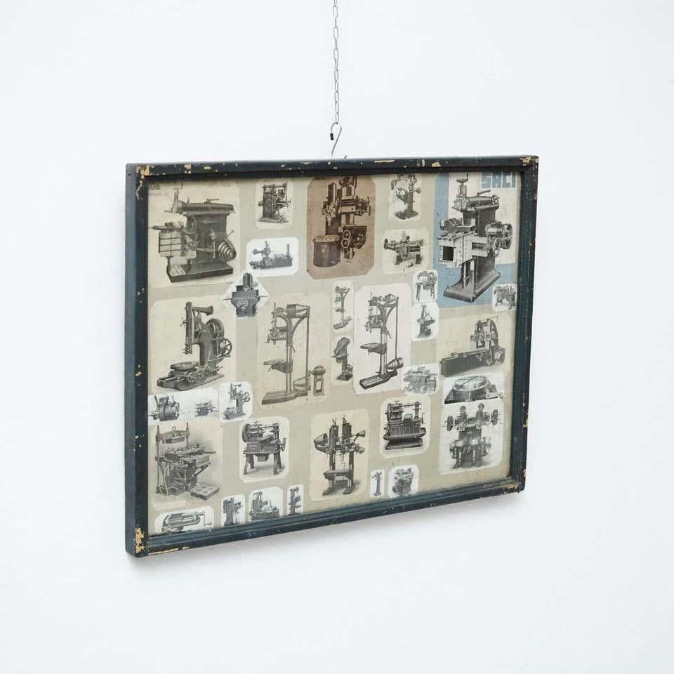 Early 20th century French antique collage composition.  Images of different machine's models. By unknown artist.    In original condition, with minor wear consistent with age and use, preserving a beautiful patina.    Materials:  Paper  Glass  Wood 
