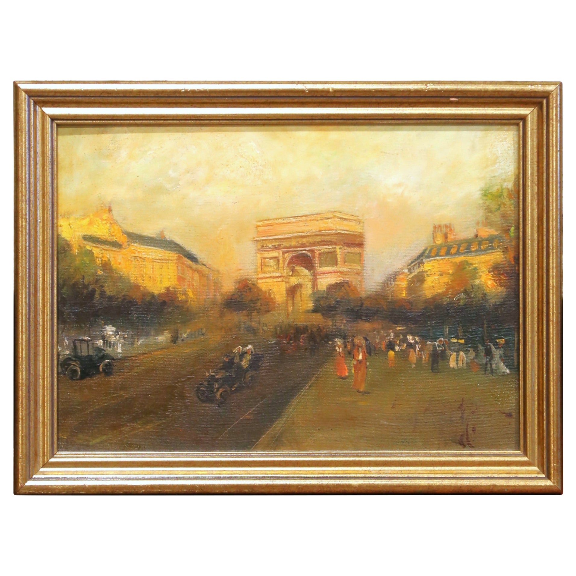 Early 20th Century French Arc de Triomphe Oil Painting in Gilt Frame