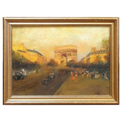Early 20th Century French Arc de Triomphe Oil Painting in Gilt Frame