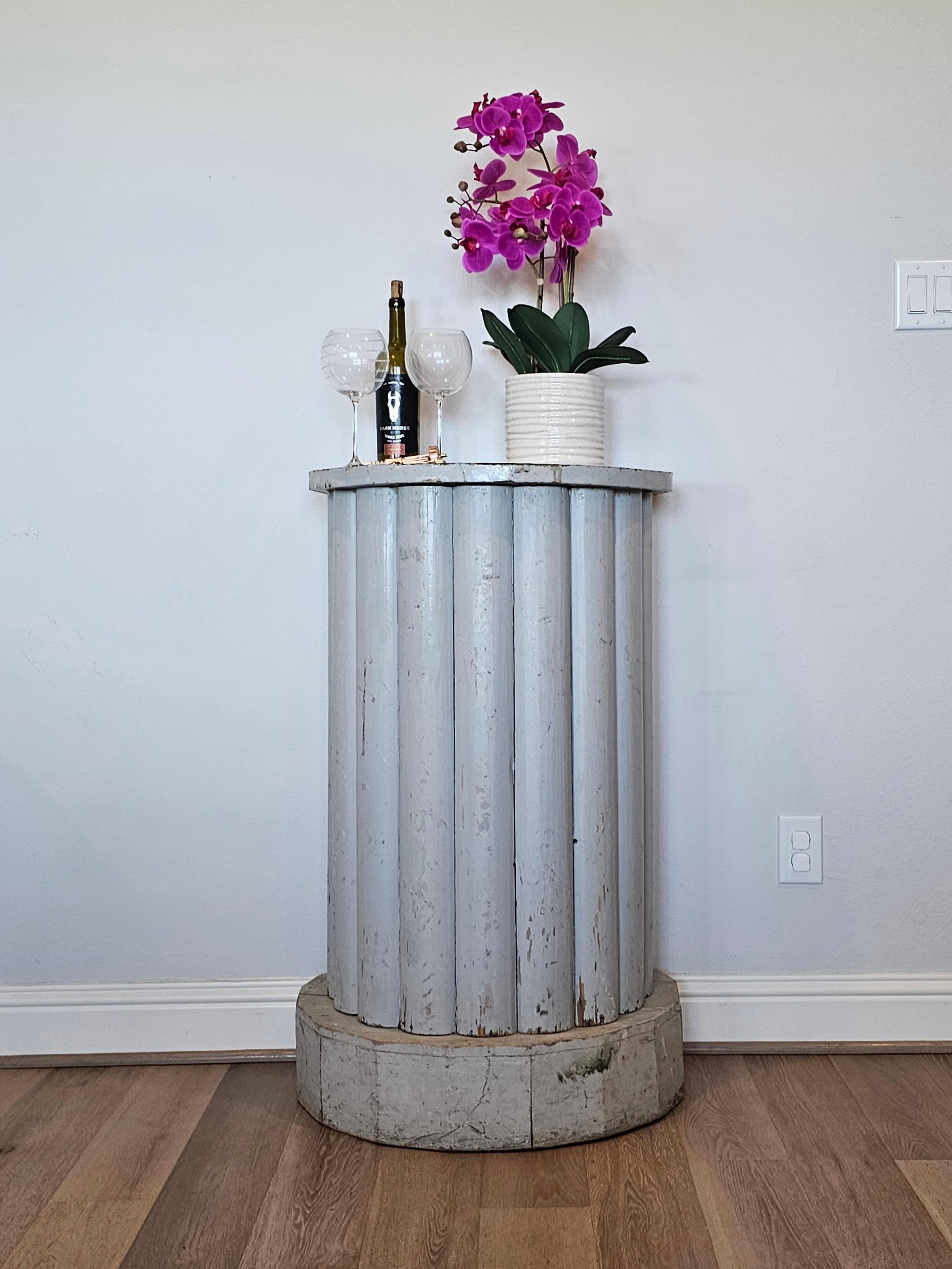 Add sophisticated antique character, elegant rustic warmth, and timeless classic style with this lovely, most likely one-of-a-kind, French antique architectural column pedestal with beautifully aged heavily distressed chippy paint patina. circa