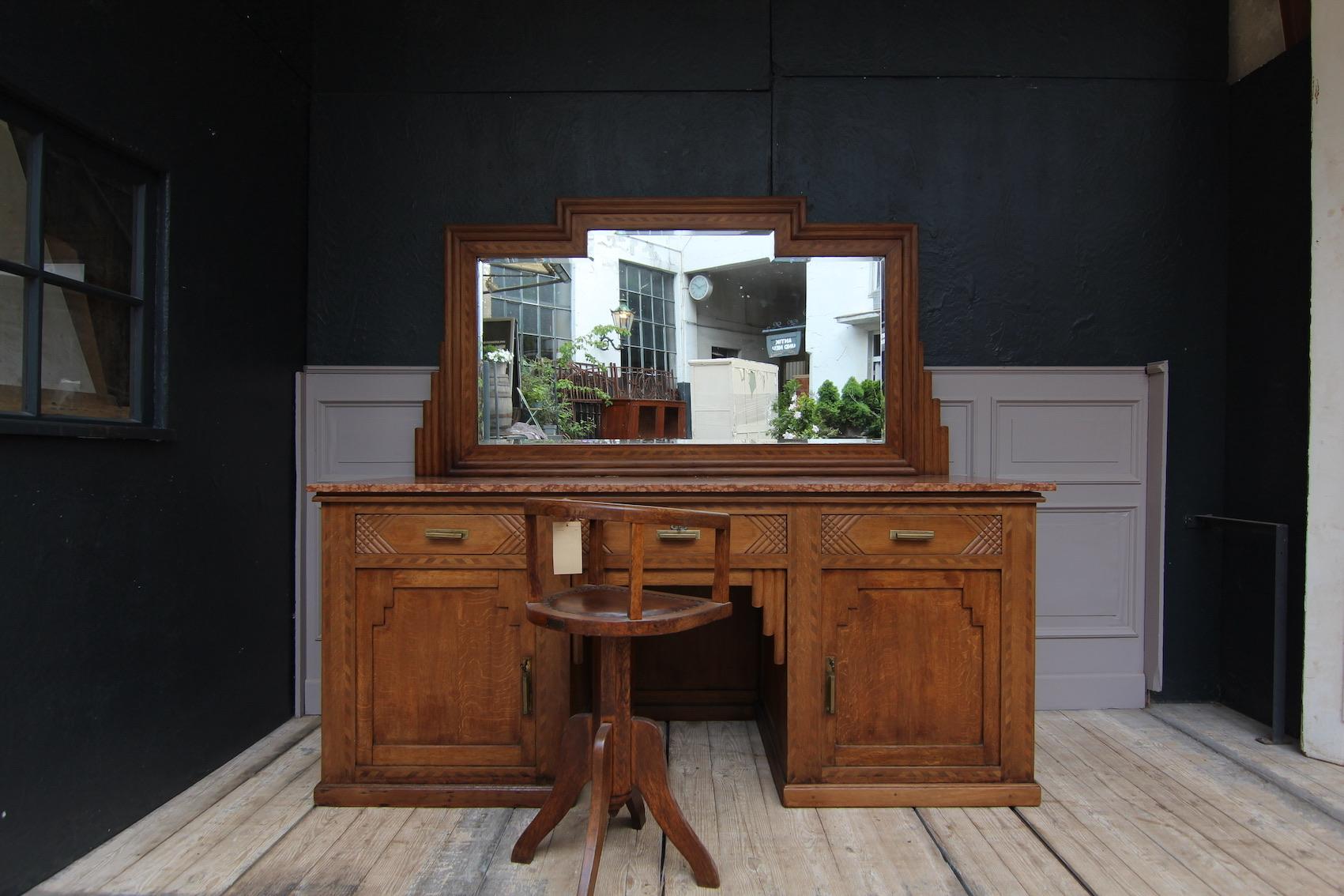 Original French Art Deco dressing table from a barbershop from the 1920s / 1930s. Restored ready for living (including missing wooden parts, wooden surfaces completely sanded outside and inside, partly newly painted black on the inside,