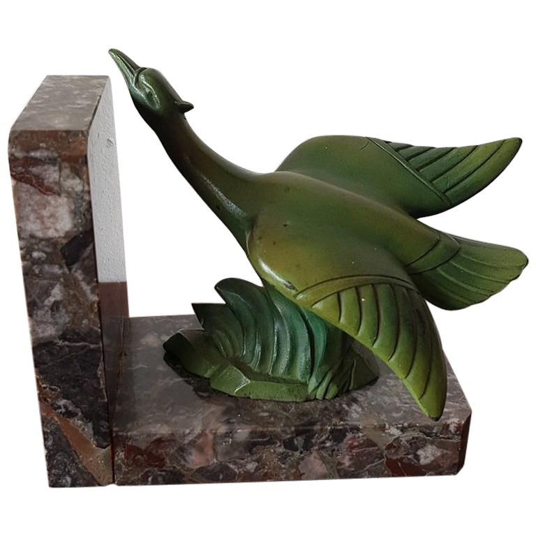 Early 20th Century, French Art Deco Bookend with a Bird on Grey Marble