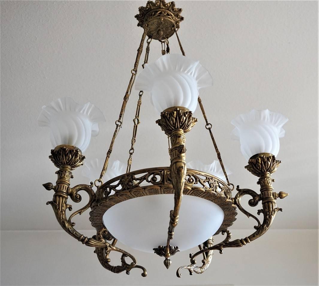 Early 20th Century French Art Deco Bronze Frosted Glass Seven-Light Chandelier 1