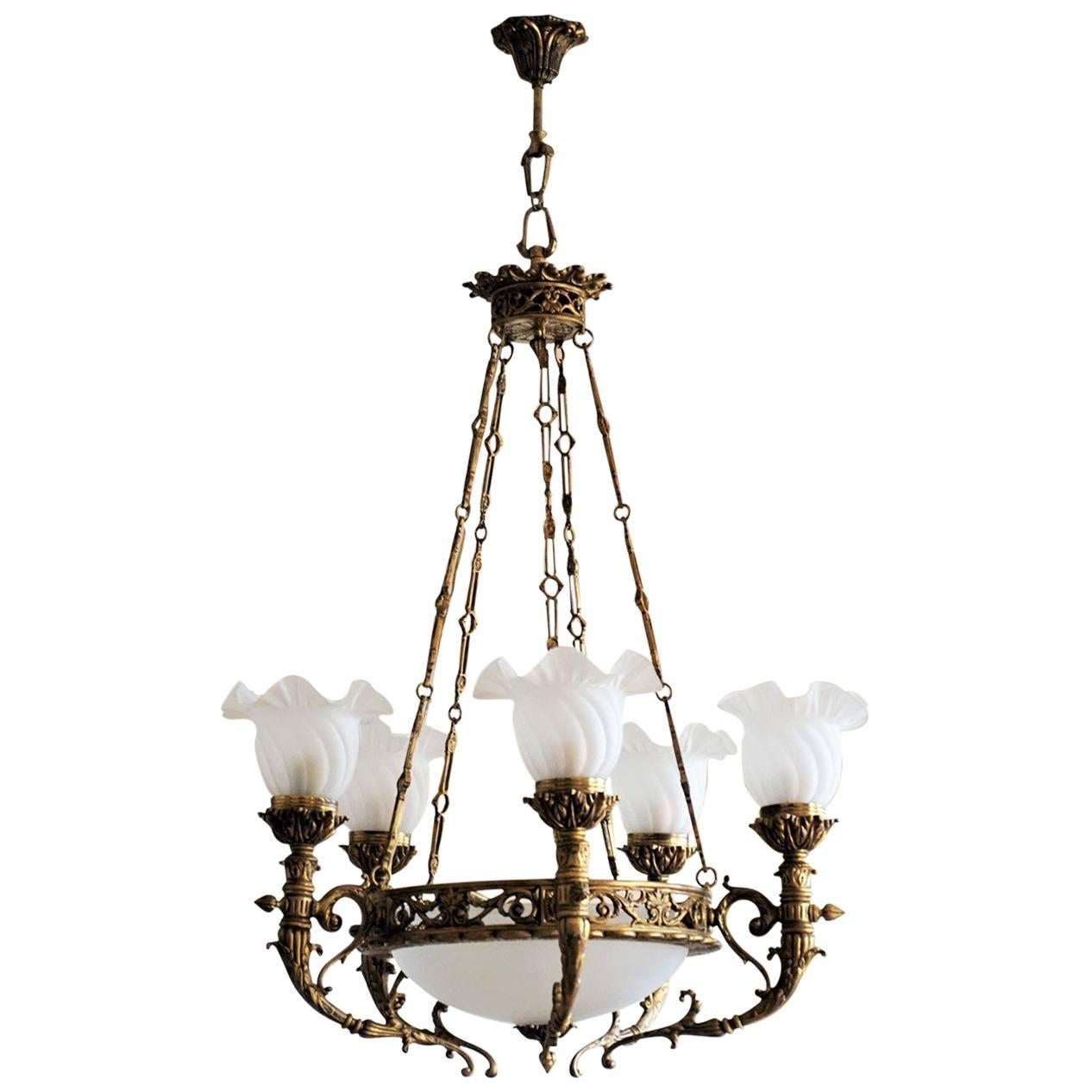 Early 20th Century French Art Deco Bronze Frosted Glass Seven-Light Chandelier