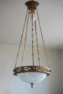 French Art Deco Bronze Cut Glass Chandelier, Early 20th Century