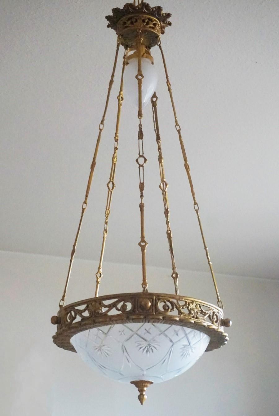 Stained French Art Deco Bronze Cut Glass Chandelier, Early 20th Century For Sale
