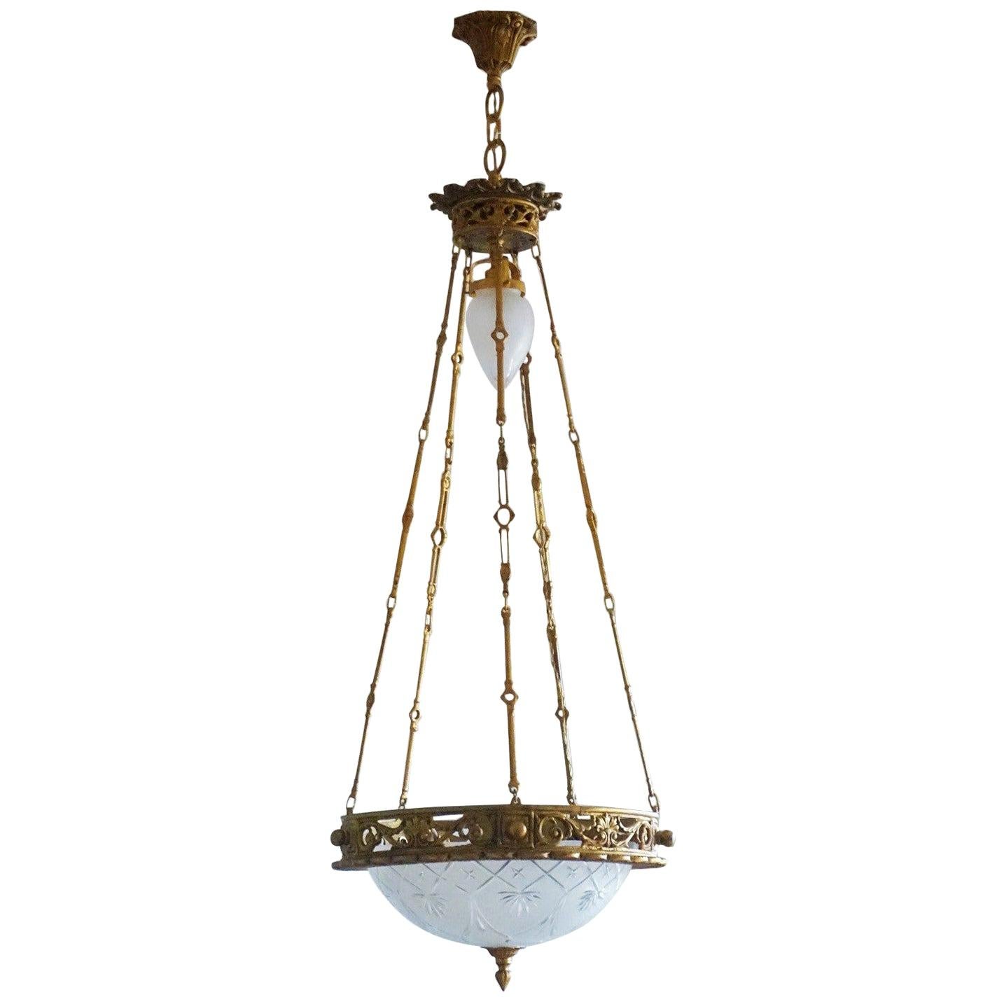 Early 20th Century French Art Deco Bronze Satin Cut Glass Chandelier For Sale
