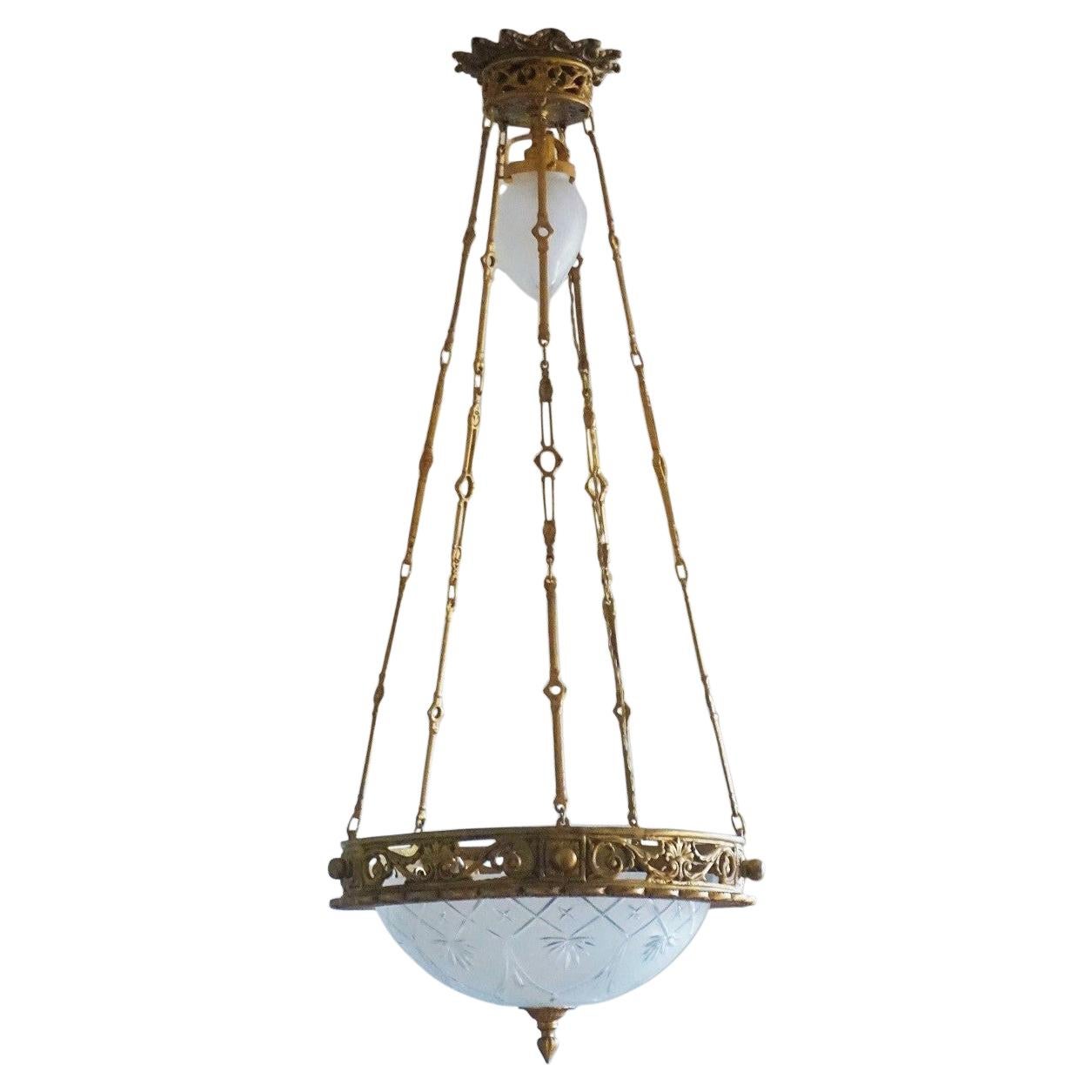 French Art Deco Gilt Bronze Cut Glass Chandelier, Early 20th Century For Sale