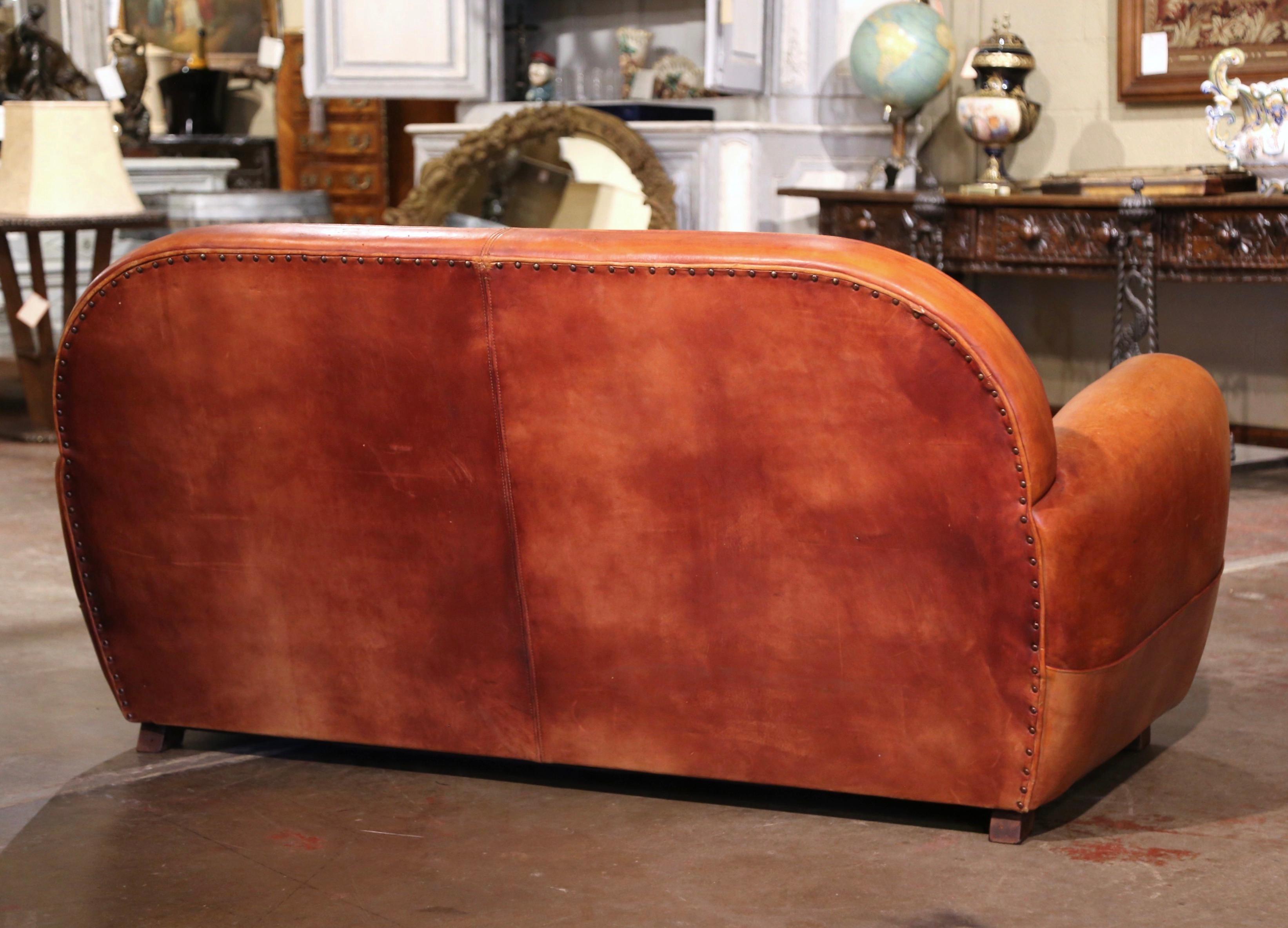 Early 20th Century French Art-Deco Brown Leather Two-Seat Club Sofa For Sale 5